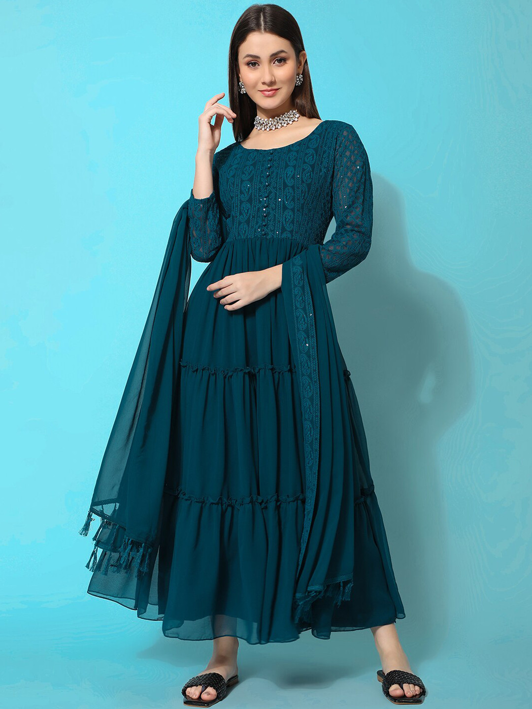 

KALINI Chikankari Embroidered Tiered Fit & Flared Maxi Ethnic Dress With Dupatta, Teal
