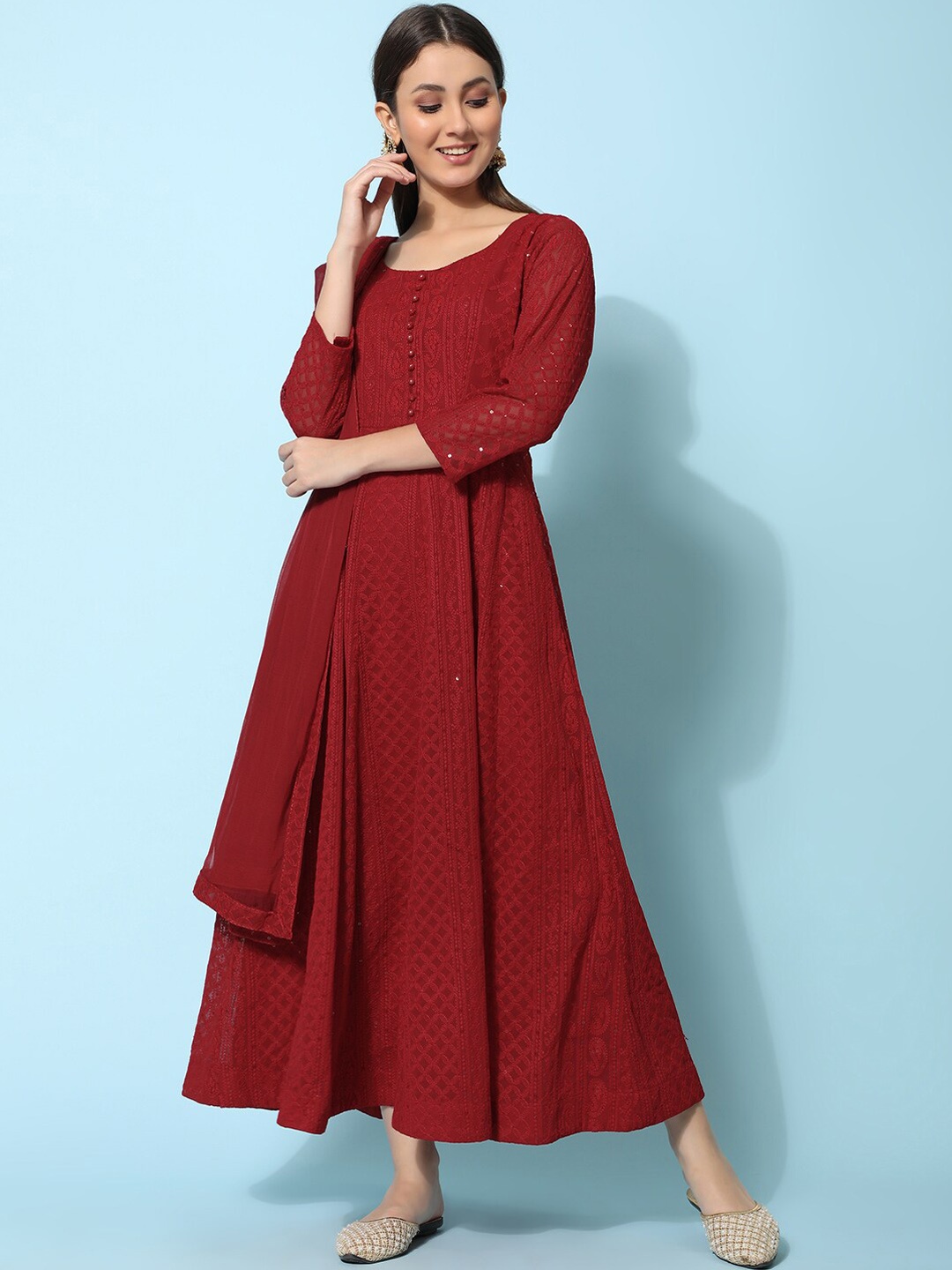

KALINI Embroidered Fit & Flared A-Line Maxi Gown With Dupatta, Maroon