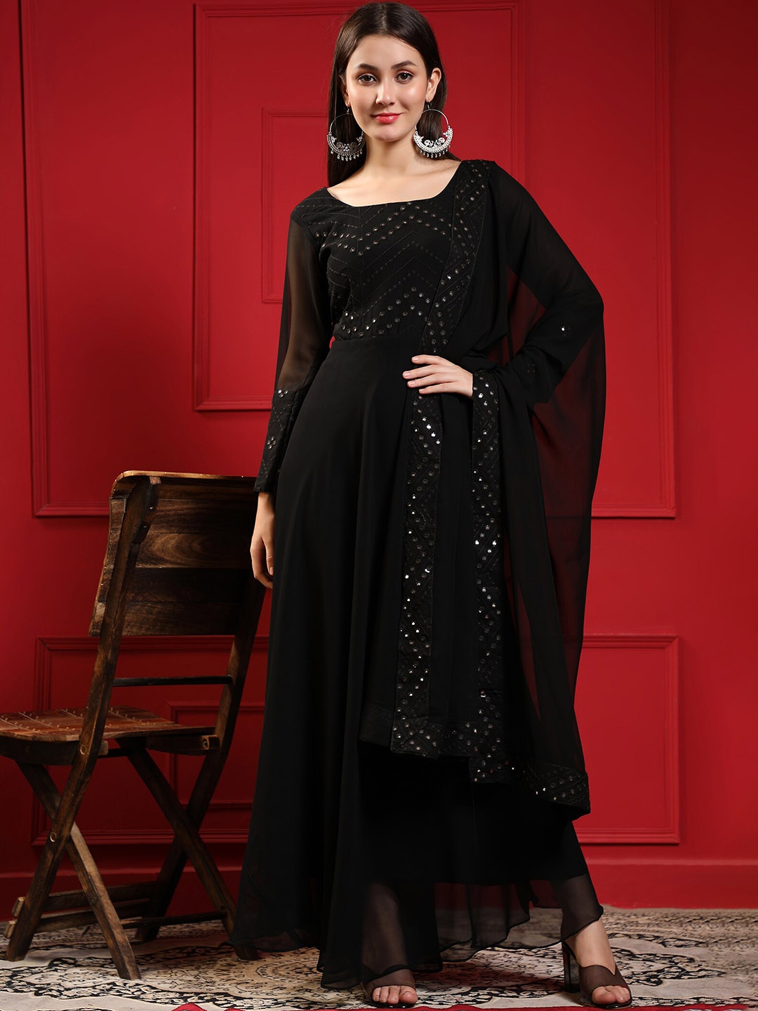 

KALINI Embellished Square Neck Embroidered Fit & Flare Maxi Ethnic Dress With Dupatta, Black