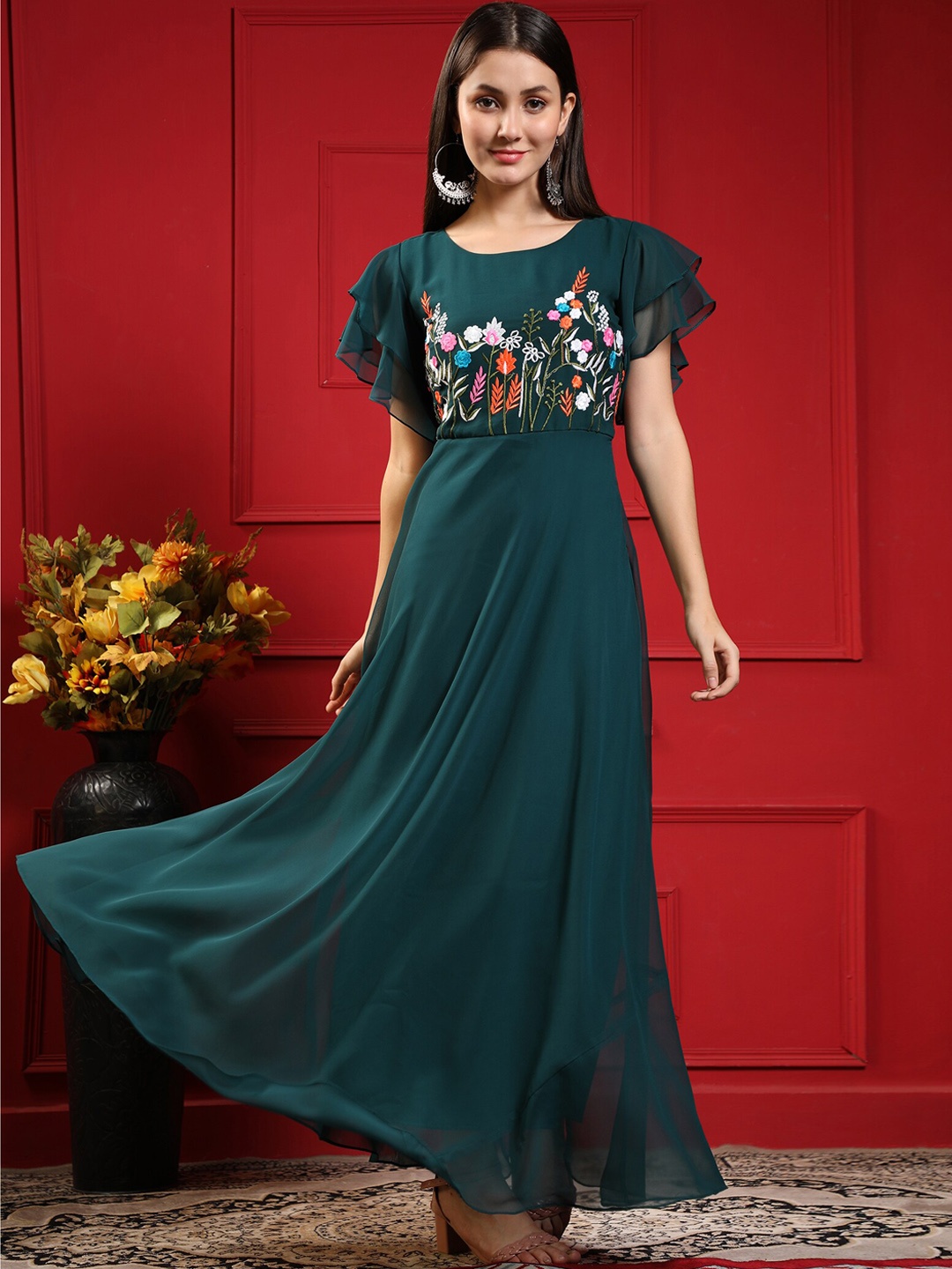 

KALINI Floral Embroidered Flutter Sleeve Gathered Fit & Flare Maxi Ethnic Dress, Teal