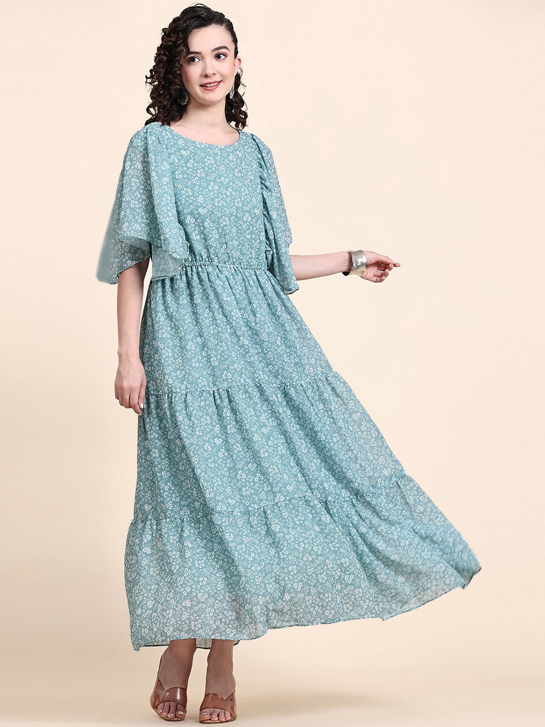 

KALINI Micro Pattern Floral Printed Fit & Flare Tiered Ethnic Dress, Sea green
