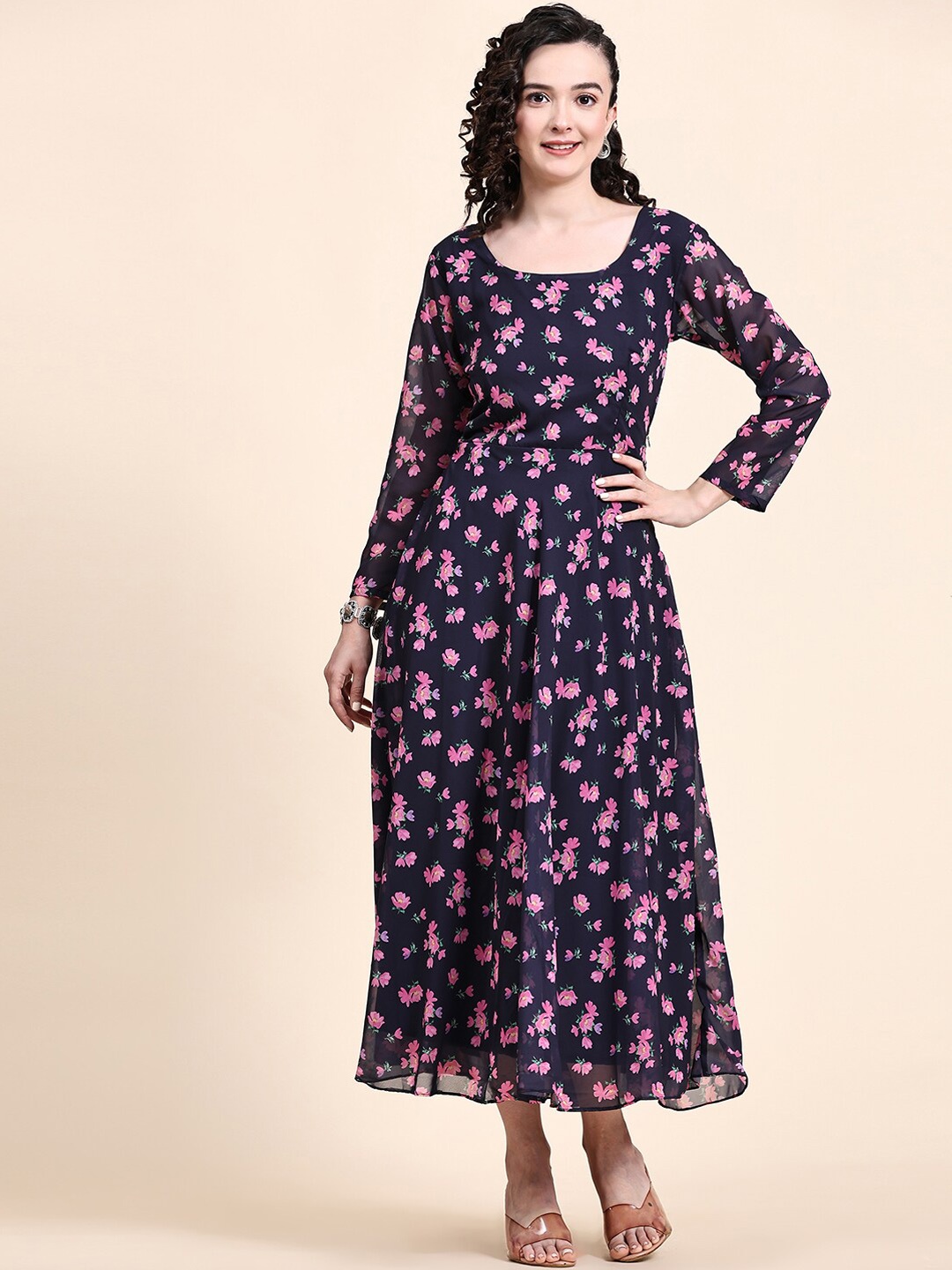 

KALINI Floral Printed Round Neck Fit & Flare Ethnic Dresses, Navy blue