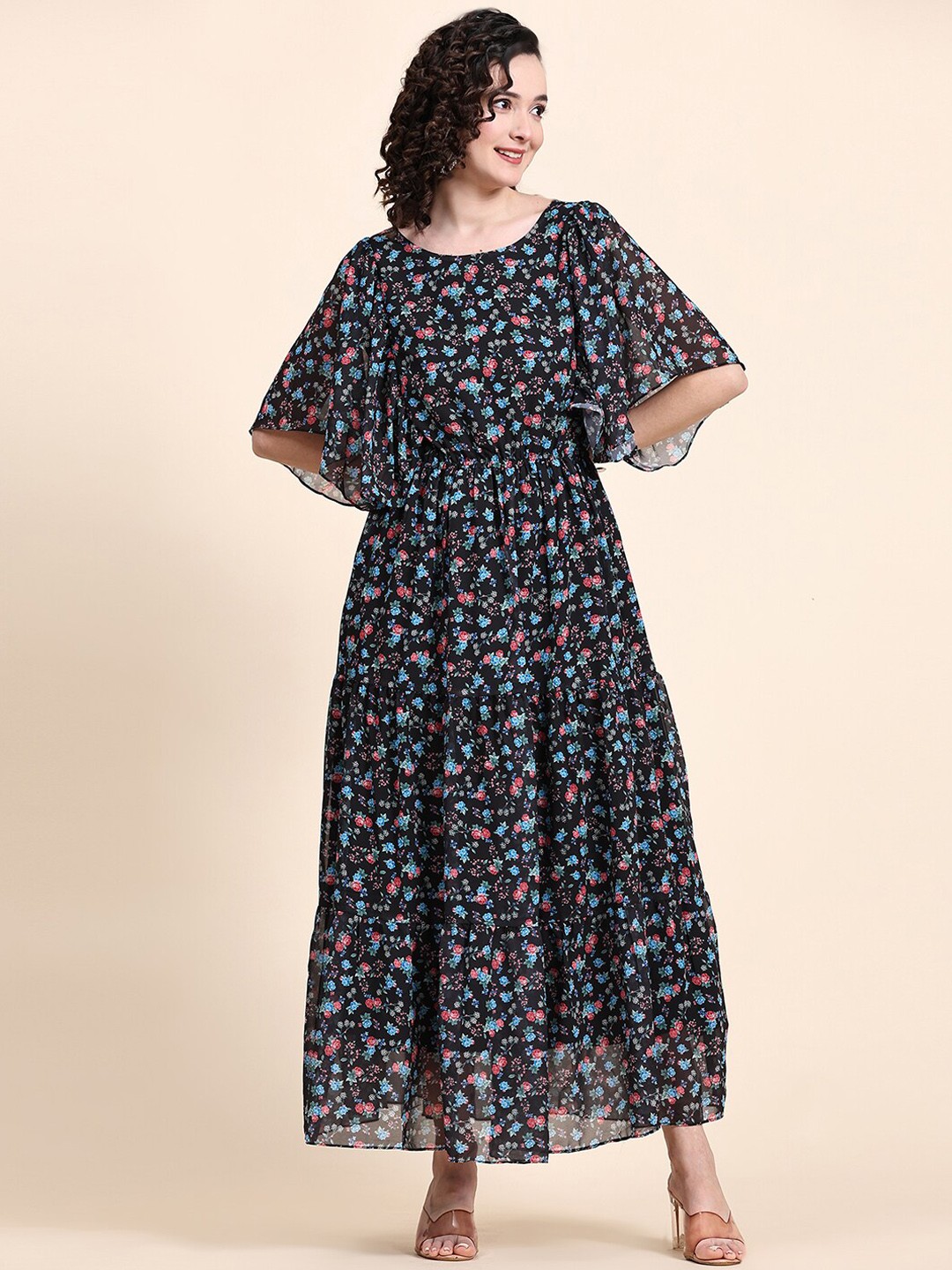 

KALINI Floral Printed Tiered Fit & Flared Maxi Ethnic Dress, Black