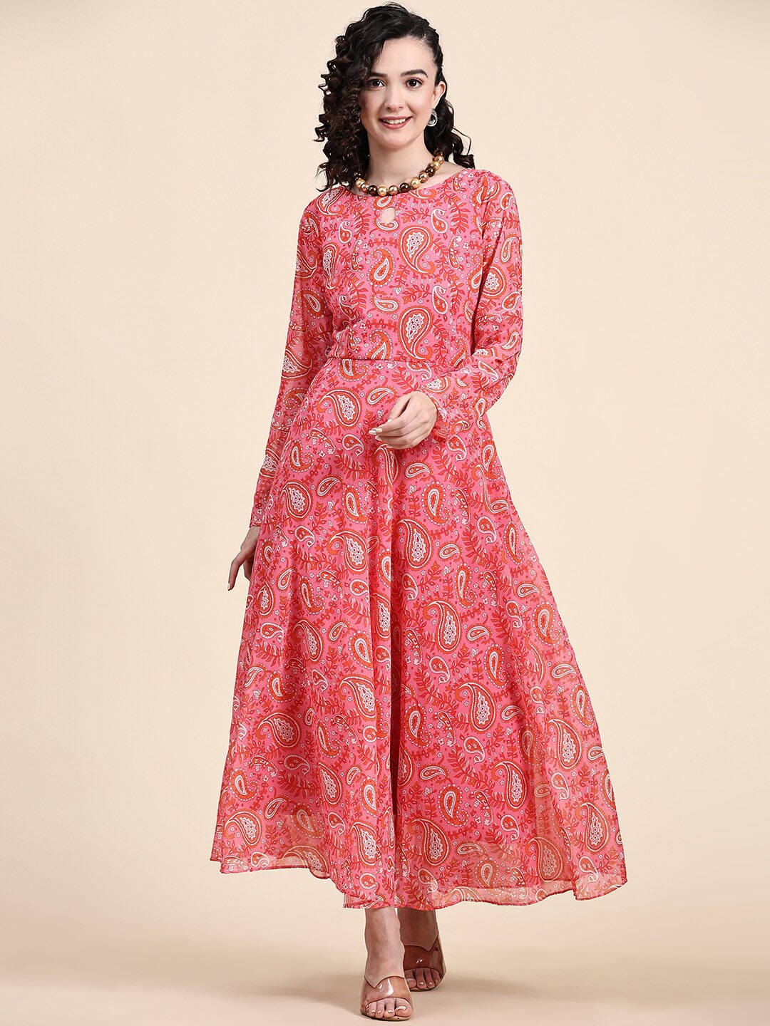 

KALINI Paisley Printed Georgette Fit & Flare Ethnic Dress, Pink