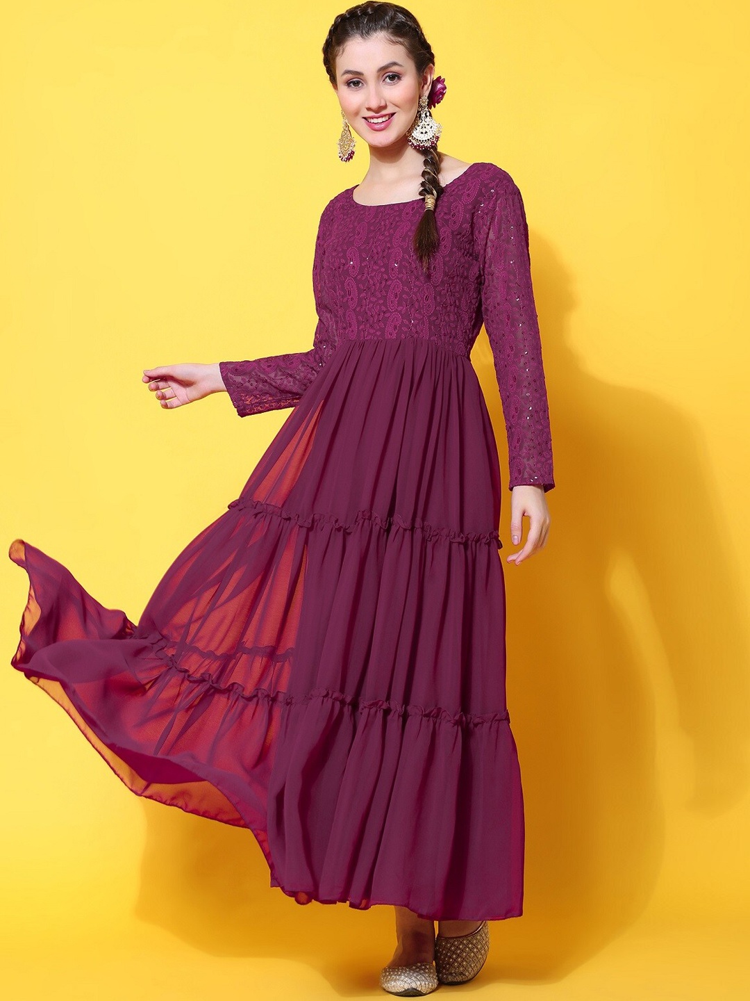 

KALINI Ethnic Motifs Embroidered Sequined Tiered Fit & Flare Ethnic Dress With Dupatta, Purple