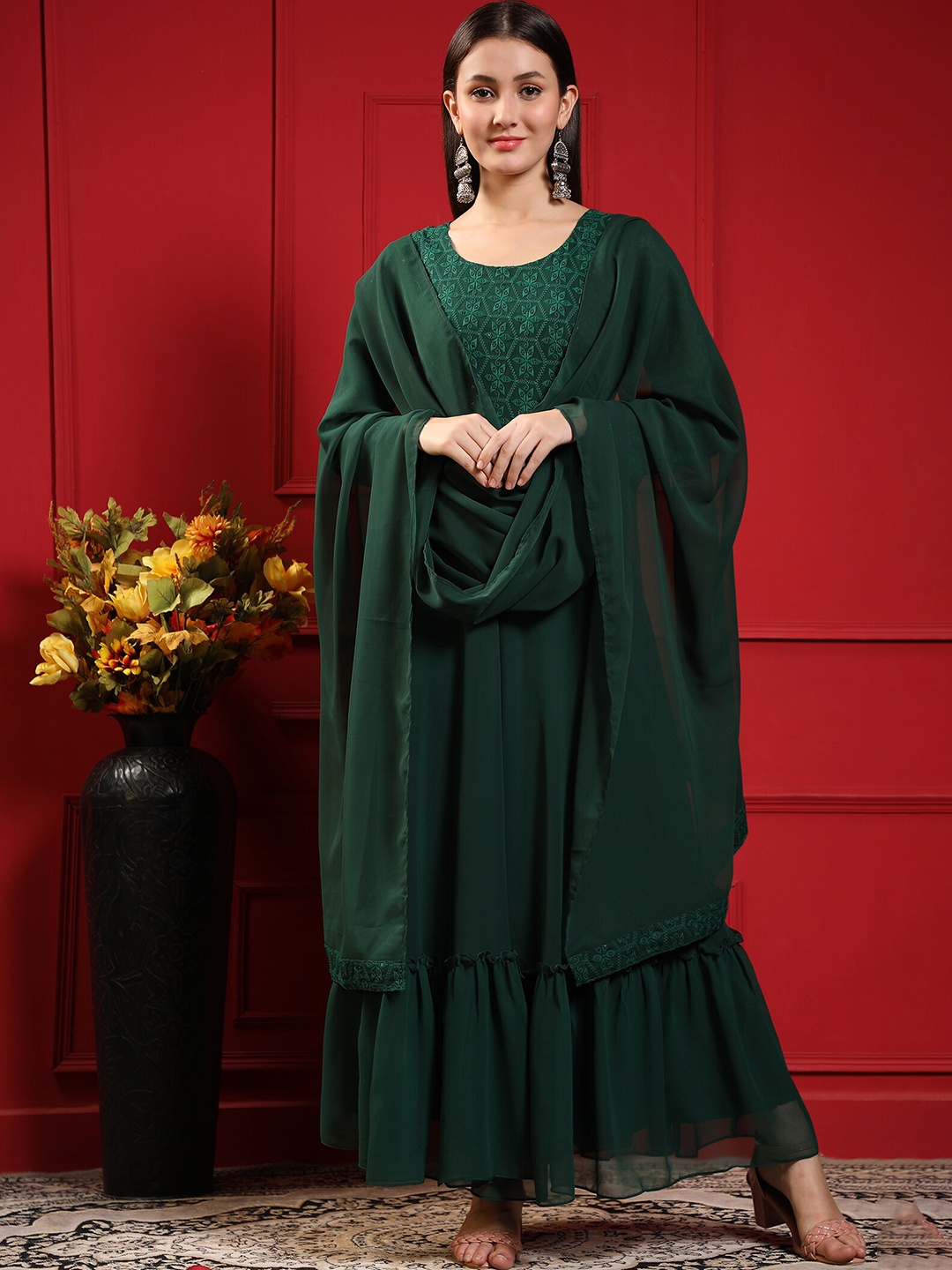 

KALINI Ethnic Motifs Embroidered Embellished Georgette Maxi Dress With Dupatta, Green