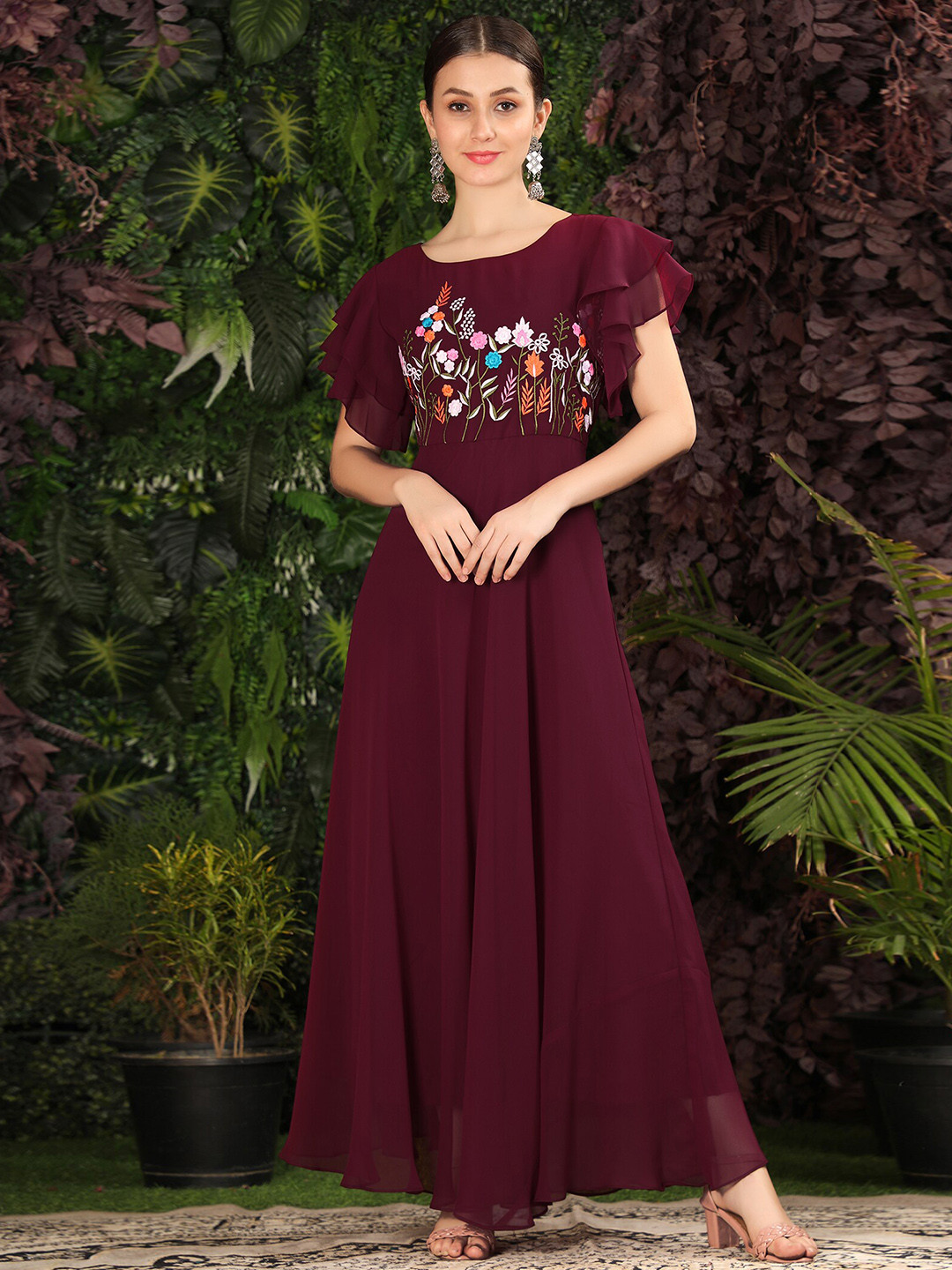 

KALINI Floral Embroidered Round Neck Georgette Fit & Flared Maxi Dress, Purple