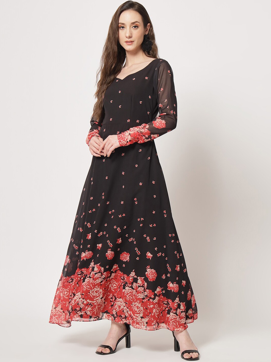 

KALINI Floral Printed V-Neck Fit & Flare Maxi Dress, Black