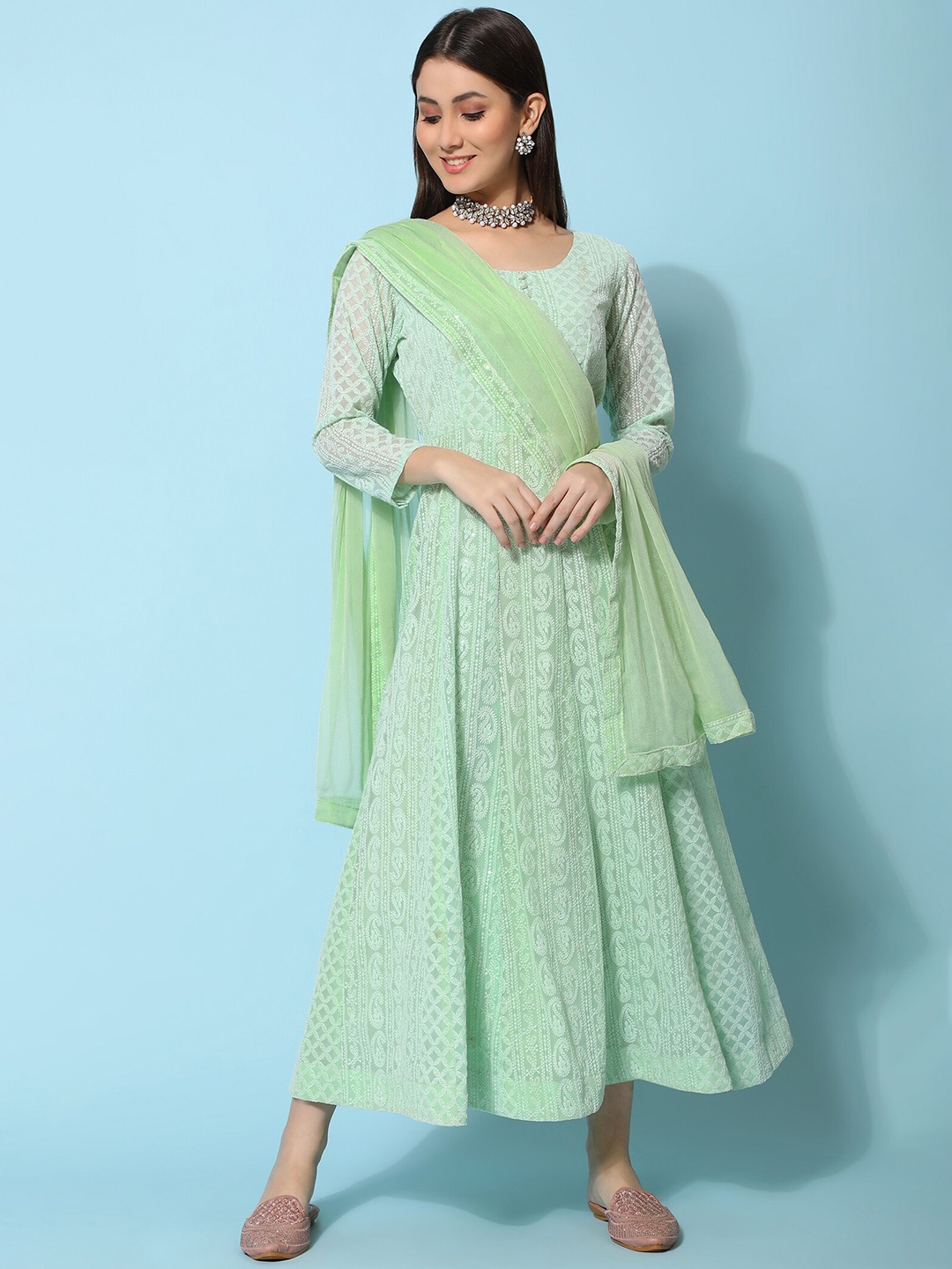 

KALINI Paisley Embroidered Fit & Flare Maxi Ethnic Dress With Dupatta, Green