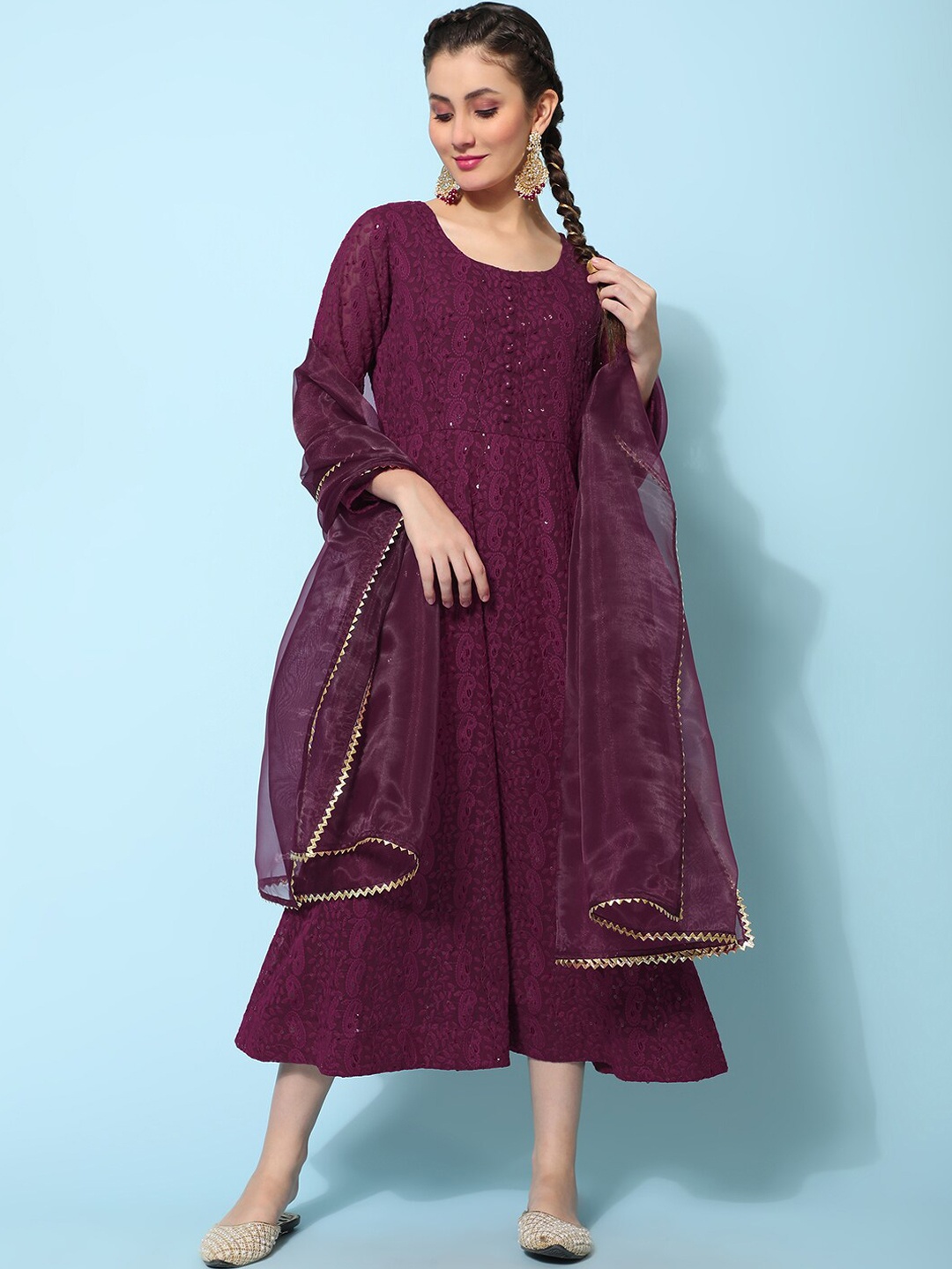 

KALINI Paisley Embroidered Fit & Flare Maxi Ethnic Dress With Dupatta, Purple