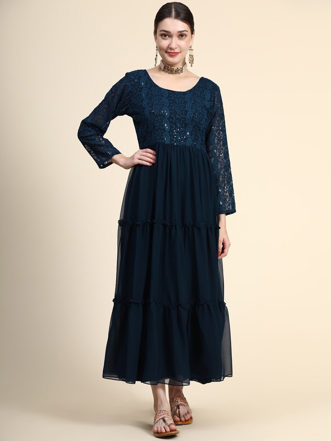 

KALINI Ethnic Motifs Embroidered Sequined Tiered Fit & Flare Ethnic Dress With Dupatta, Teal