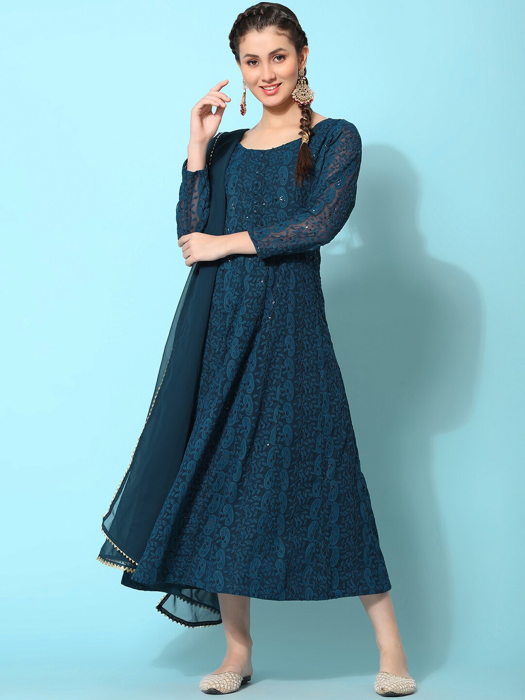 

KALINI Ethnic Motifs Embroidered Sequined A-Line Midi Ethnic Dress With Dupatta, Teal