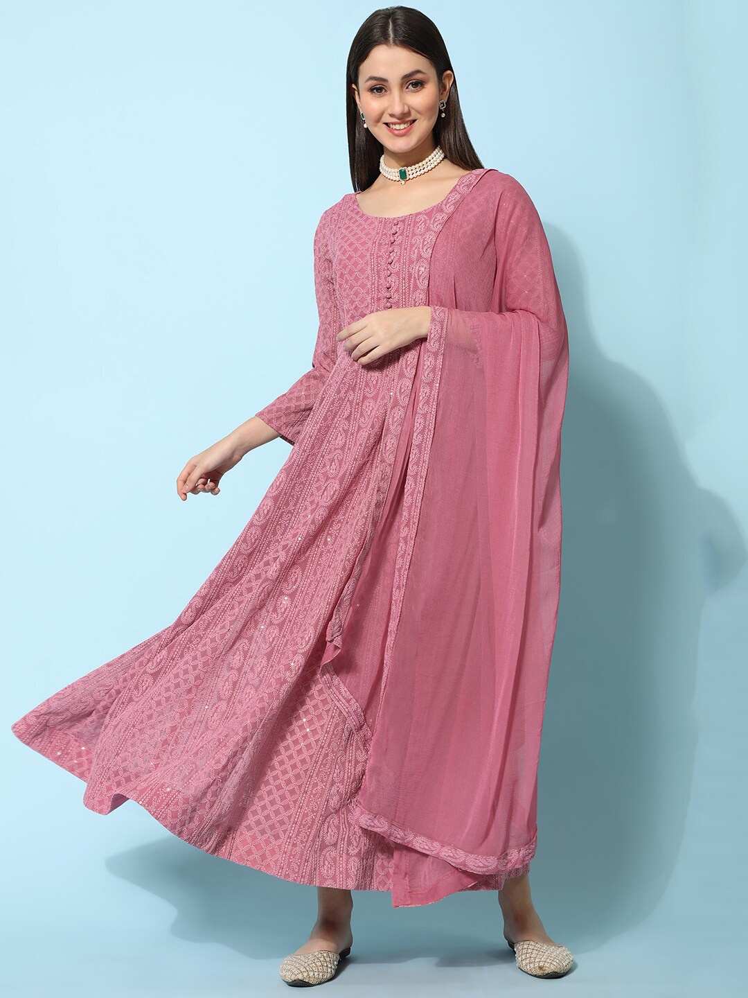 

KALINI Chikankari Embroidered Georgette Ethnic Dress With Dupatta, Pink