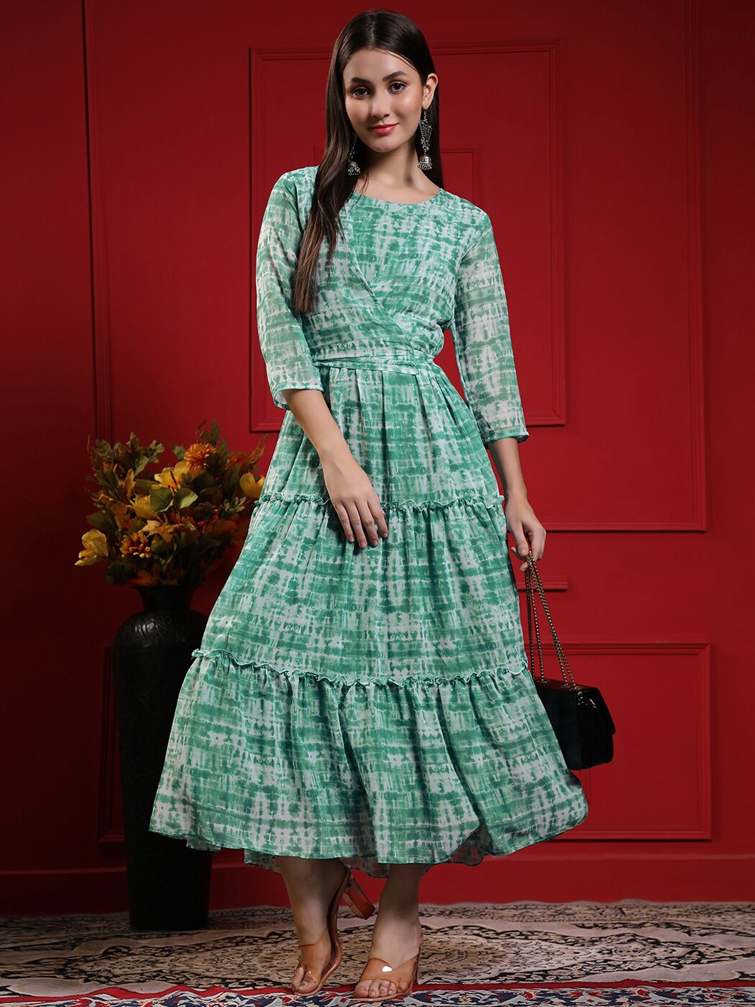 

KALINI Tie & Dyed Gathered Tiered Fit & Flare Midi Dress, Green