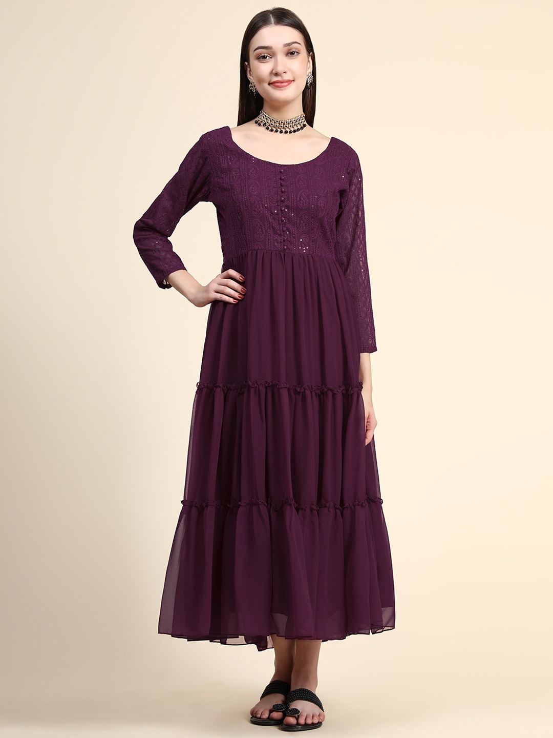 

KALINI Ethnic Embroidered Tiered Fit & Flare Ethnic Dress With Dupatta, Burgundy