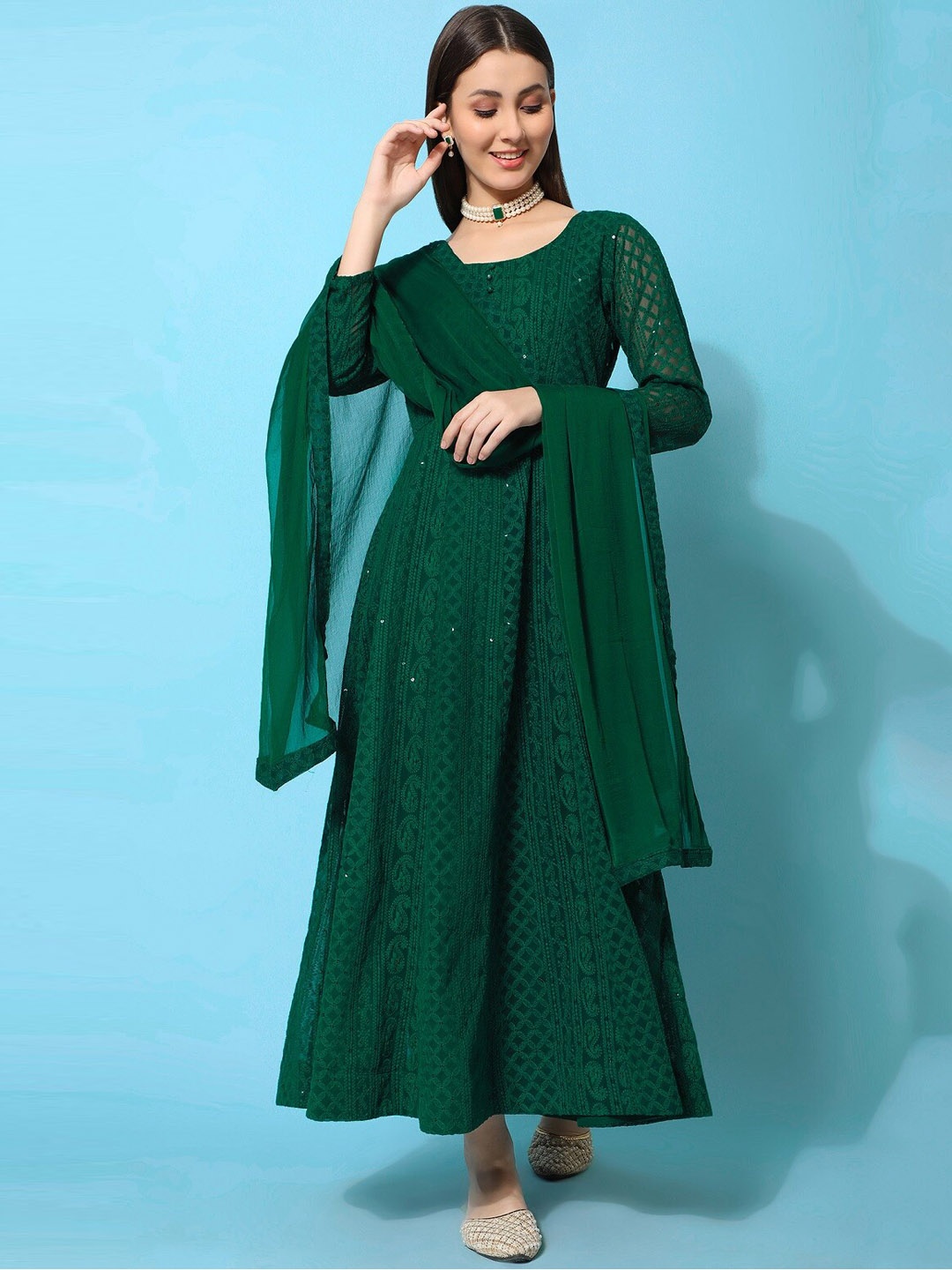 

KALINI Ethnic Motifs Embroidered Sequined Fit & Flare Maxi Ethnic Dress With Dupatta, Green
