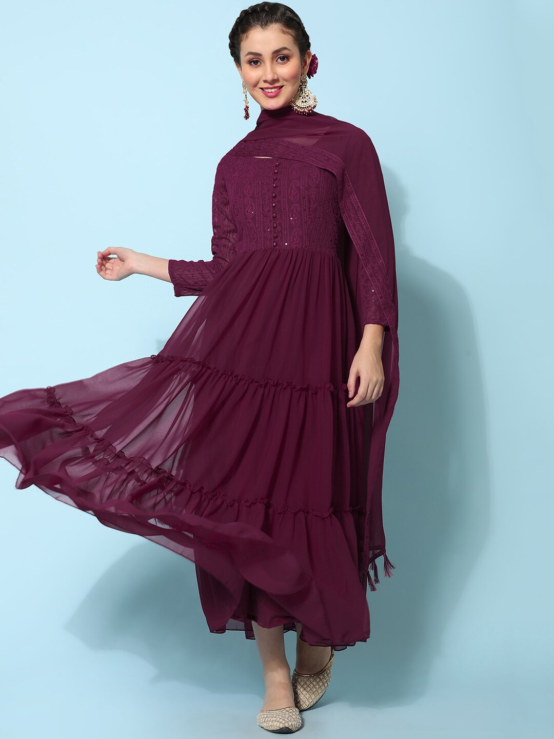 

KALINI Ethnic Motifs Embroidered Pleated Georgette Maxi Dress With Dupatta, Burgundy