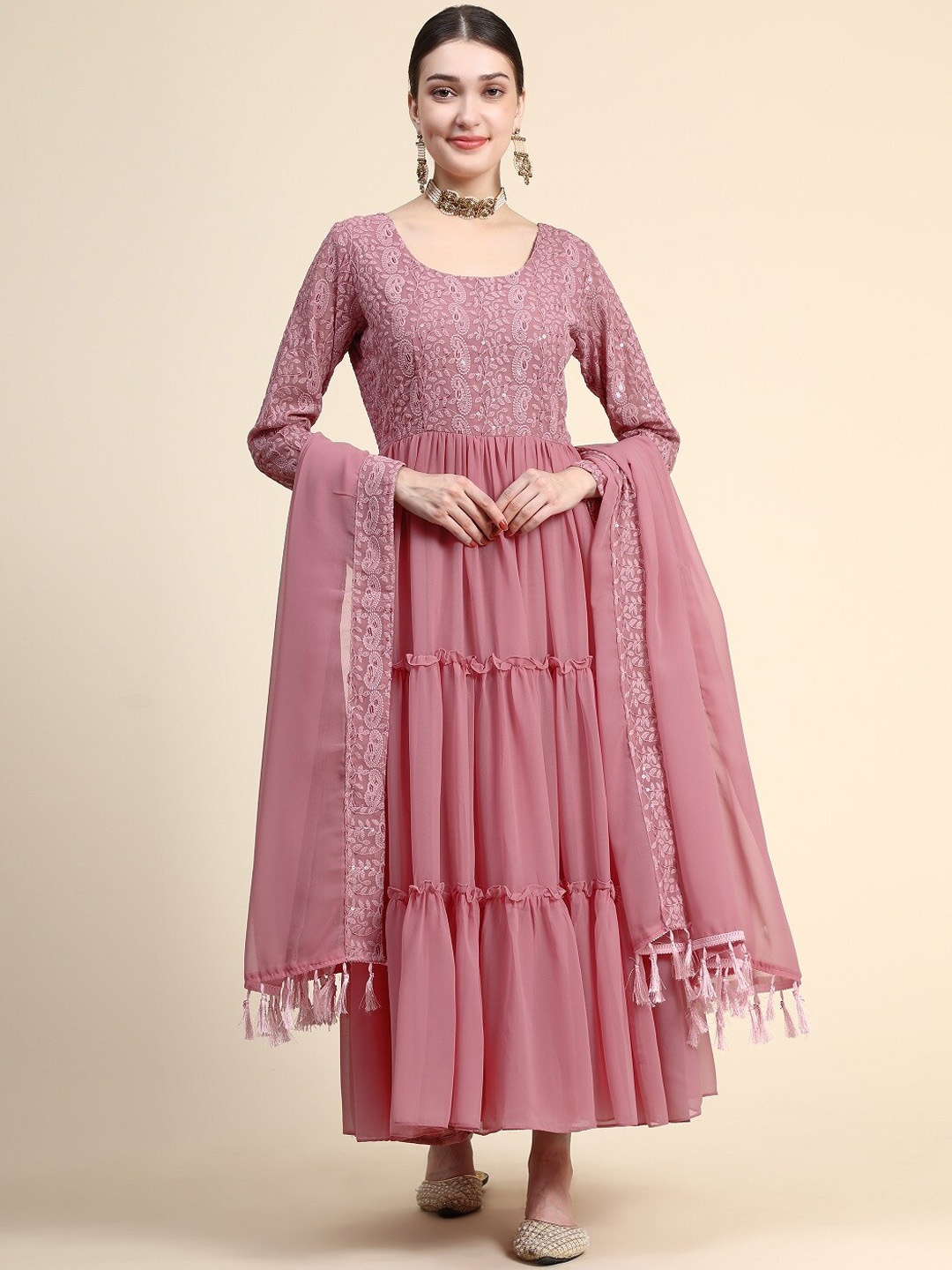 

KALINI Chikankari Embroidered Tiered Fit & Flared Maxi Ethnic Dress With Dupatta, Pink
