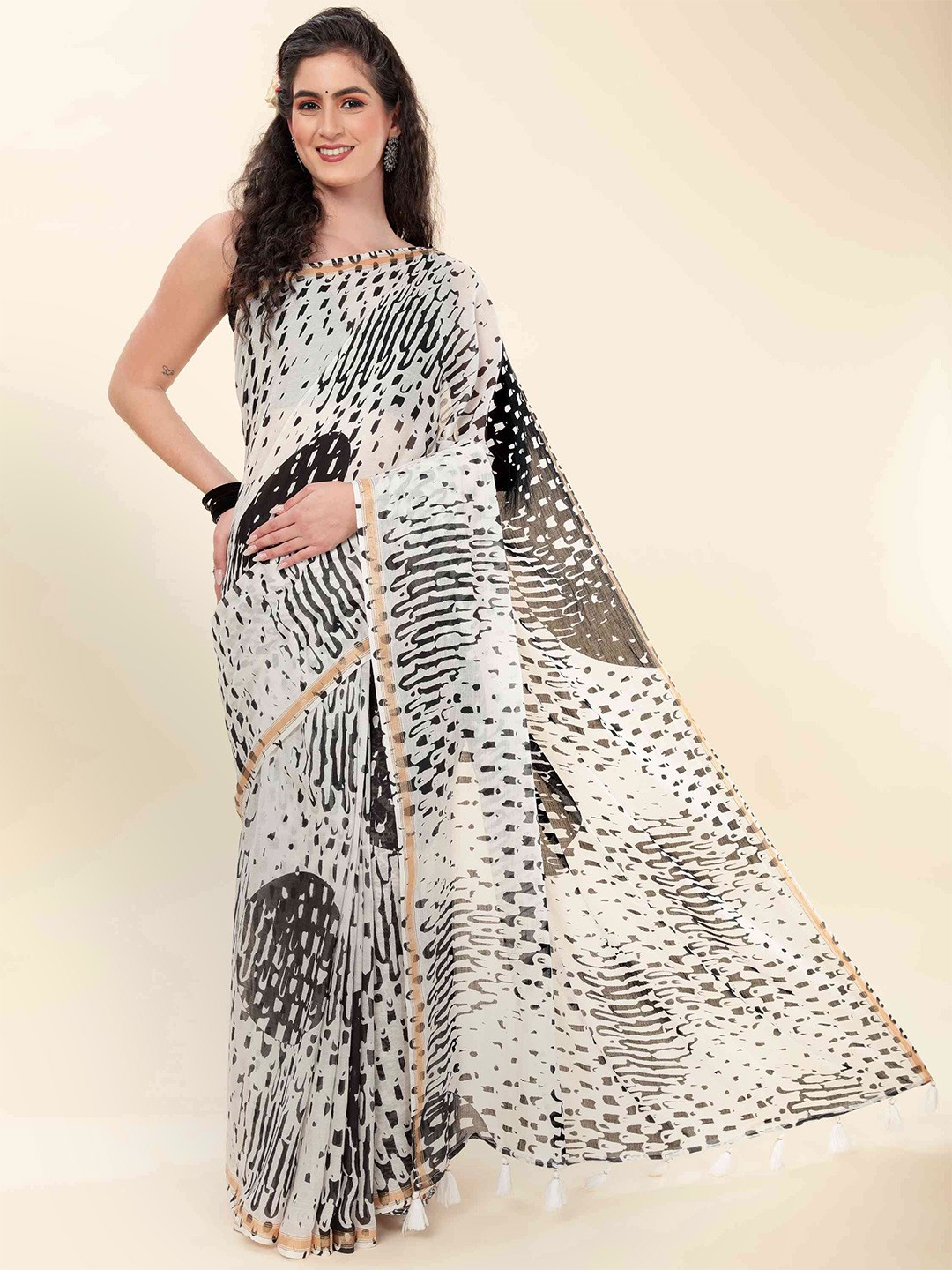 

elora Abstract Printed Zari Cotton Silk Bhagalpuri Saree, Black