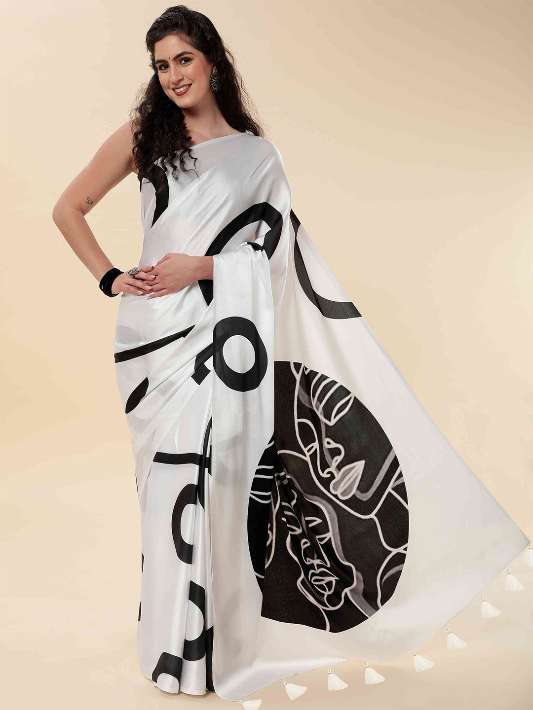 

elora Geometric Printed Pure Silk Saree, White