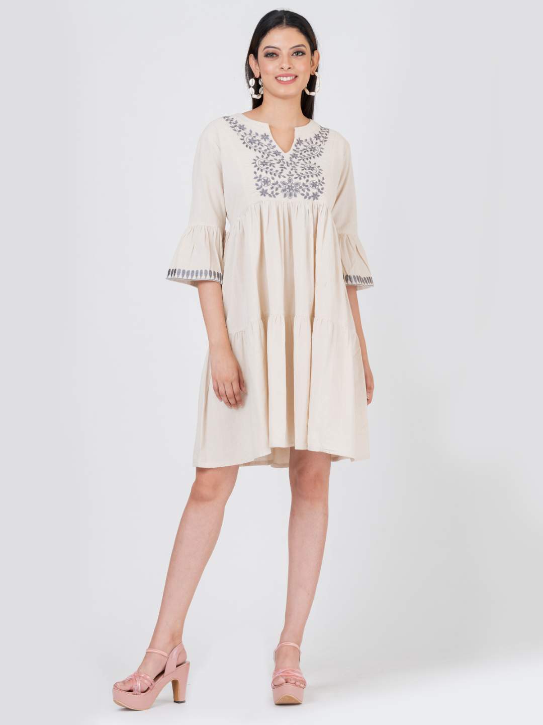 

S&F Floral Embroidered Tiered Round Neck Cotton A-Line Dress, Off white