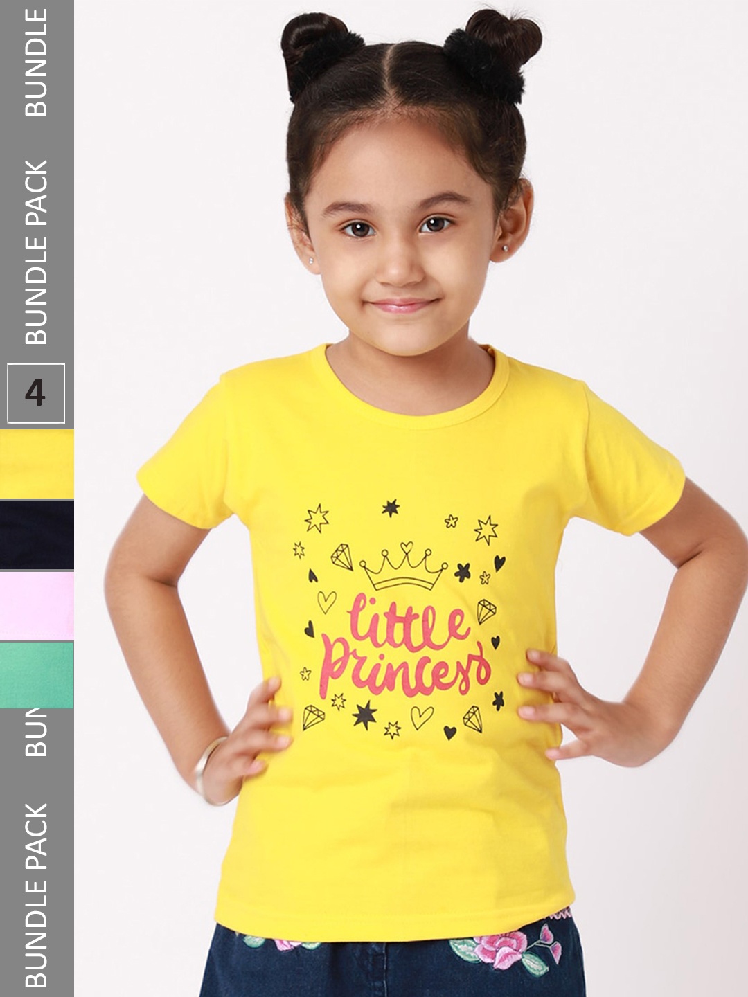 

BAESD Girls Pack Of 4 Typography Printed Pure Cotton T-shirt, Yellow