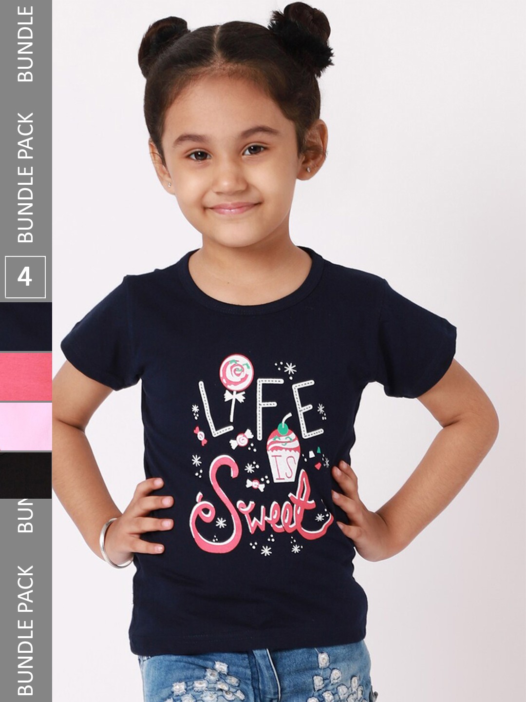 

BAESD Pack Of 4 Girls Typography Printed Cotton Casual T Shirts, Navy blue