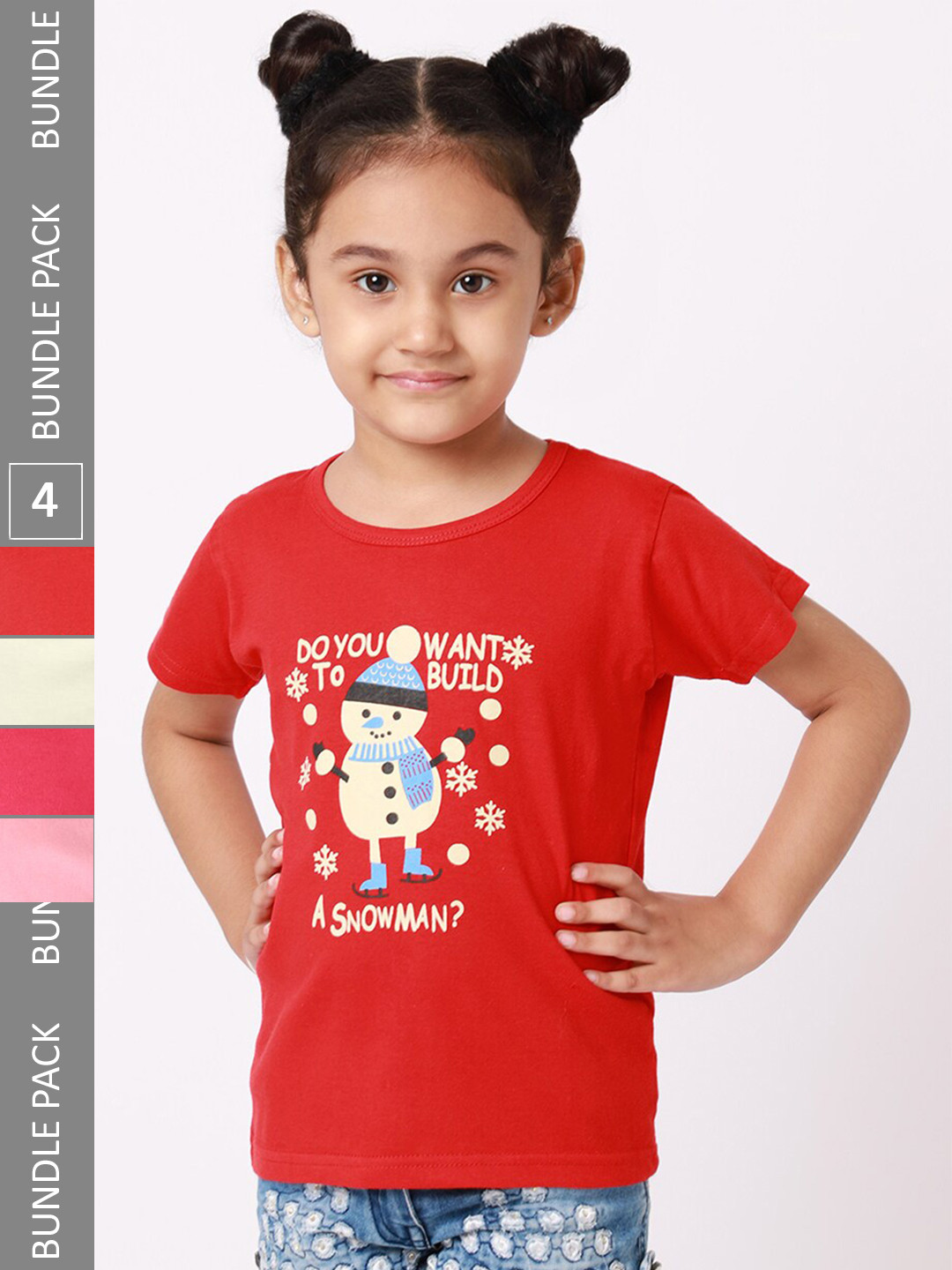 

BAESD Girls Pack Of 4 Graphic Printed Cotton T-shirt, Red