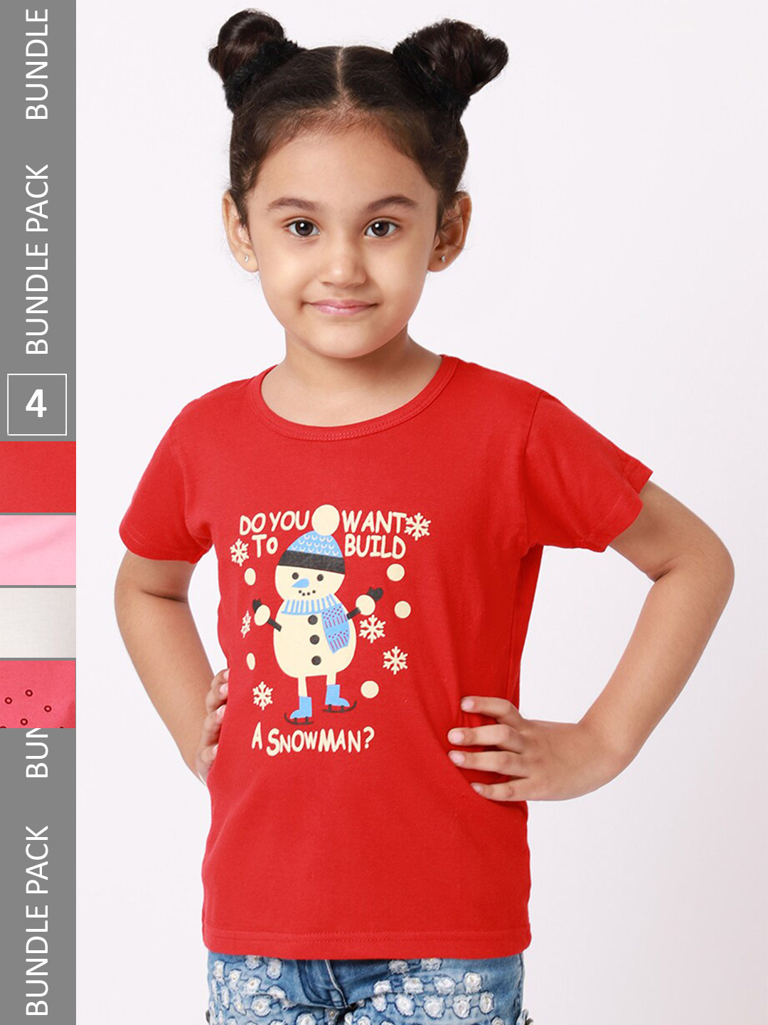 

BAESD Girls Pack Of 4 Graphic Printed Cotton T-shirt, Red