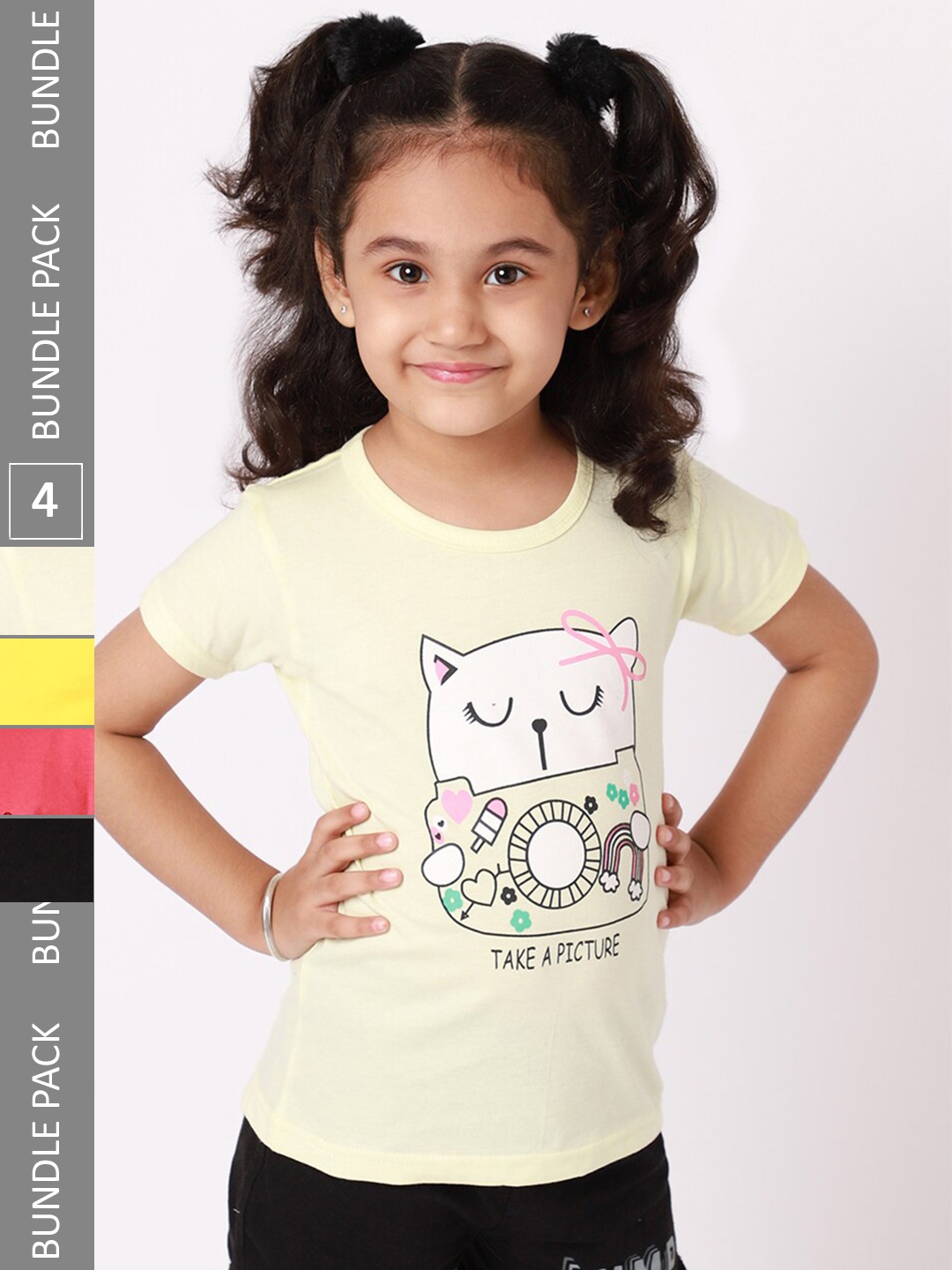

BAESD Girls Pack Of 4 Typography Printed Cotton T-shirt, Yellow