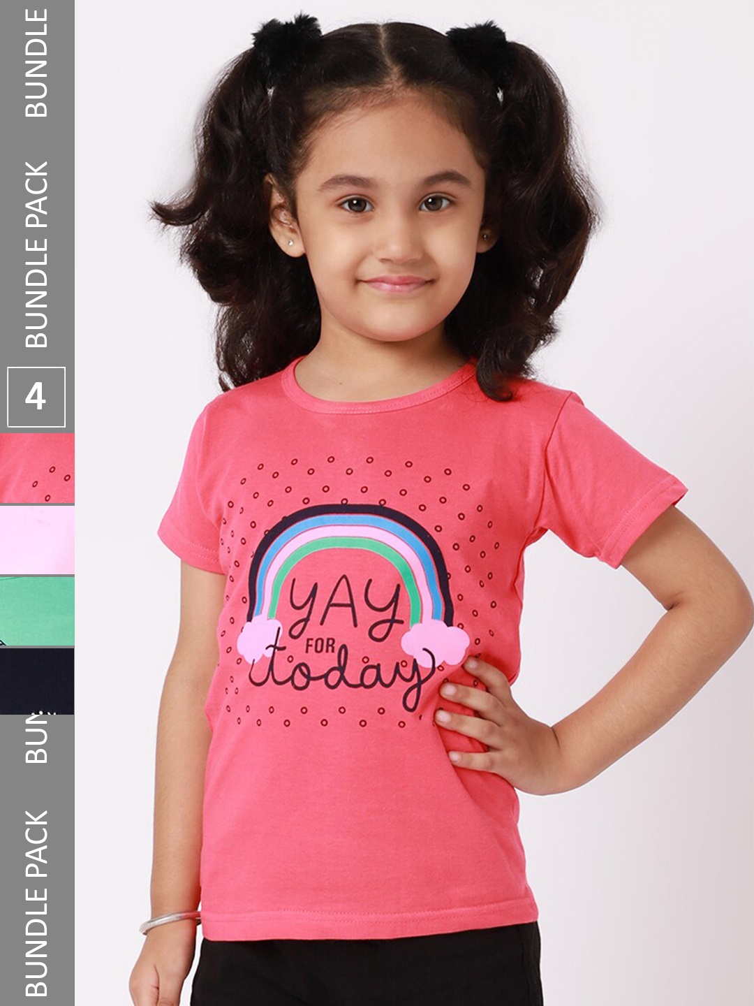 

BAESD Girls Pack Of 4 Conversational Printed Cotton T-shirt, Coral