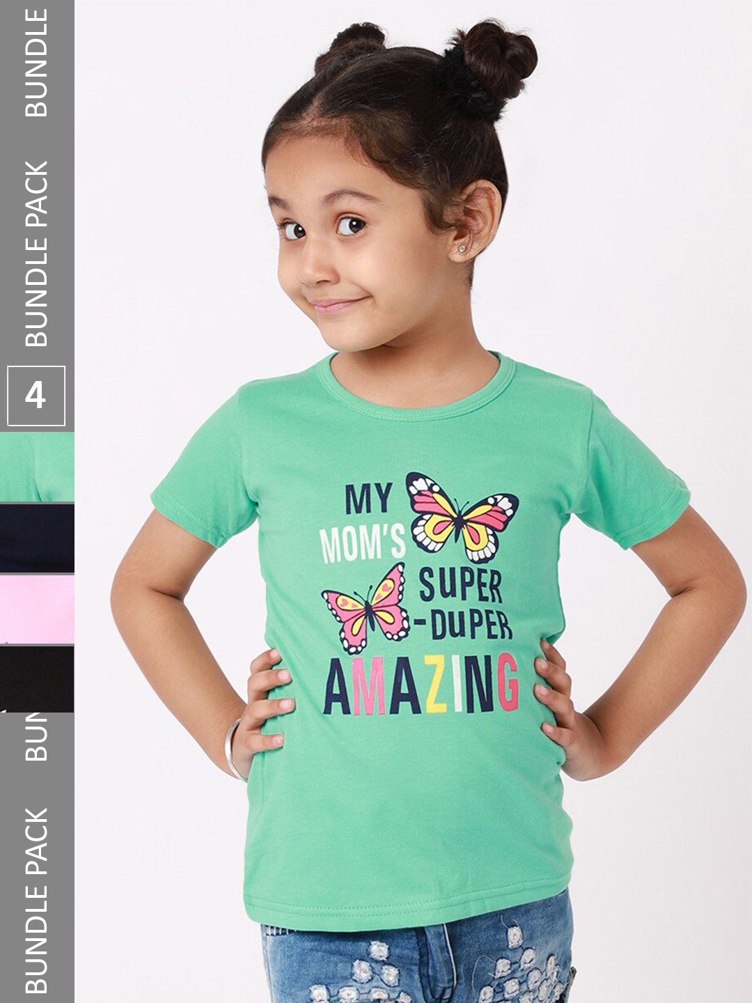 

BAESD Girls Pack Of 4 Printed Pure Cotton T-shirt, Green