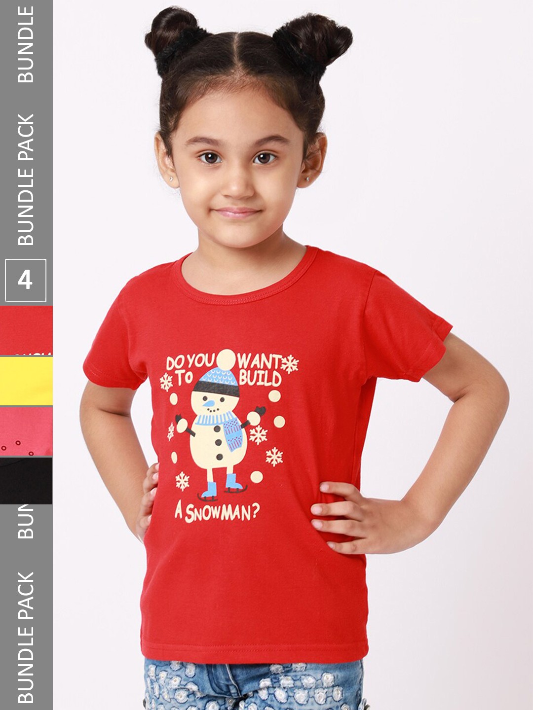 

BAESD Girls Pack Of 4 Graphic Printed Knitted Cotton T-Shirts, Red