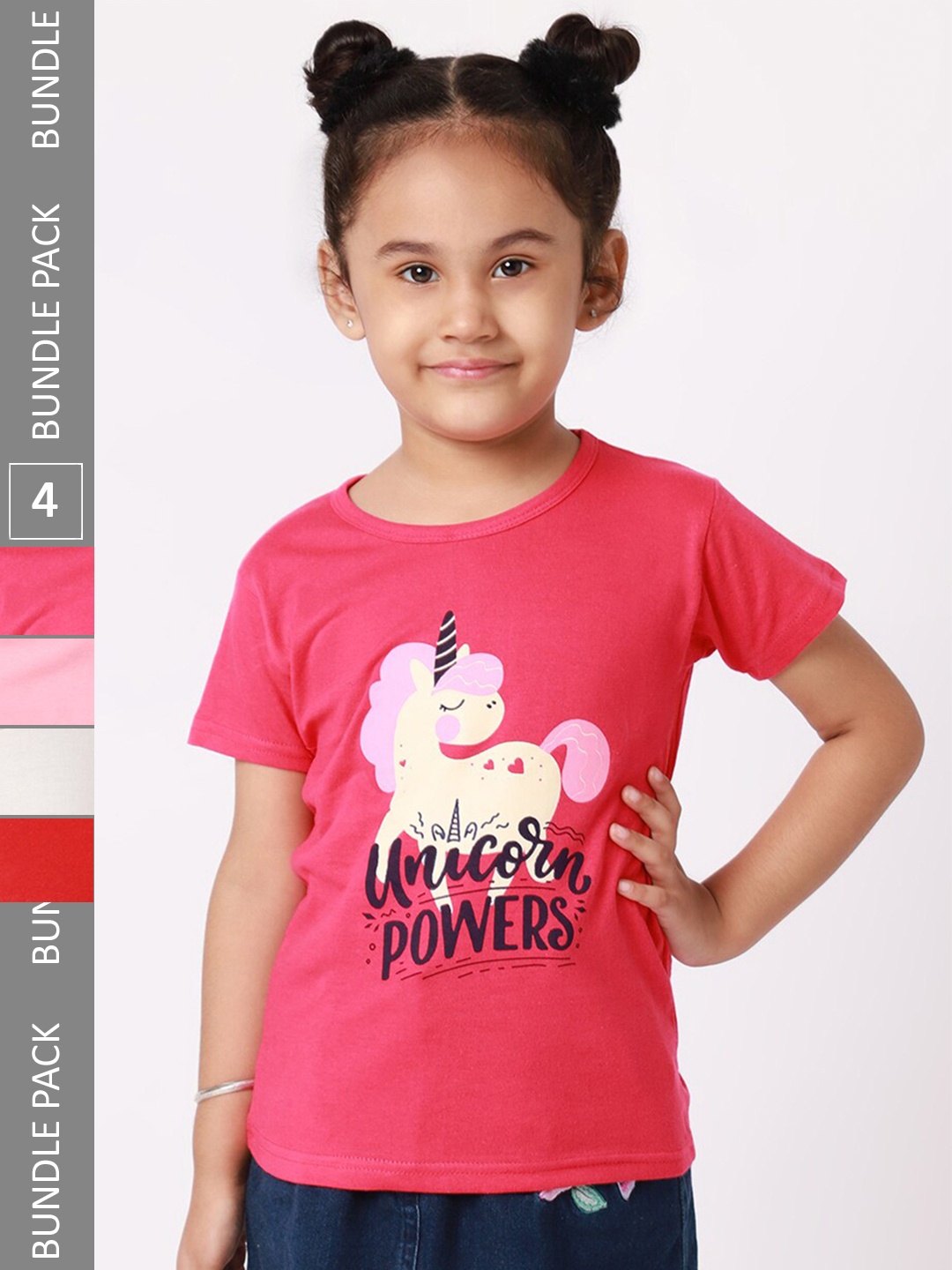 

BAESD Girls Pack Of 4 Graphic Printed Pure Cotton T-shirt, Pink