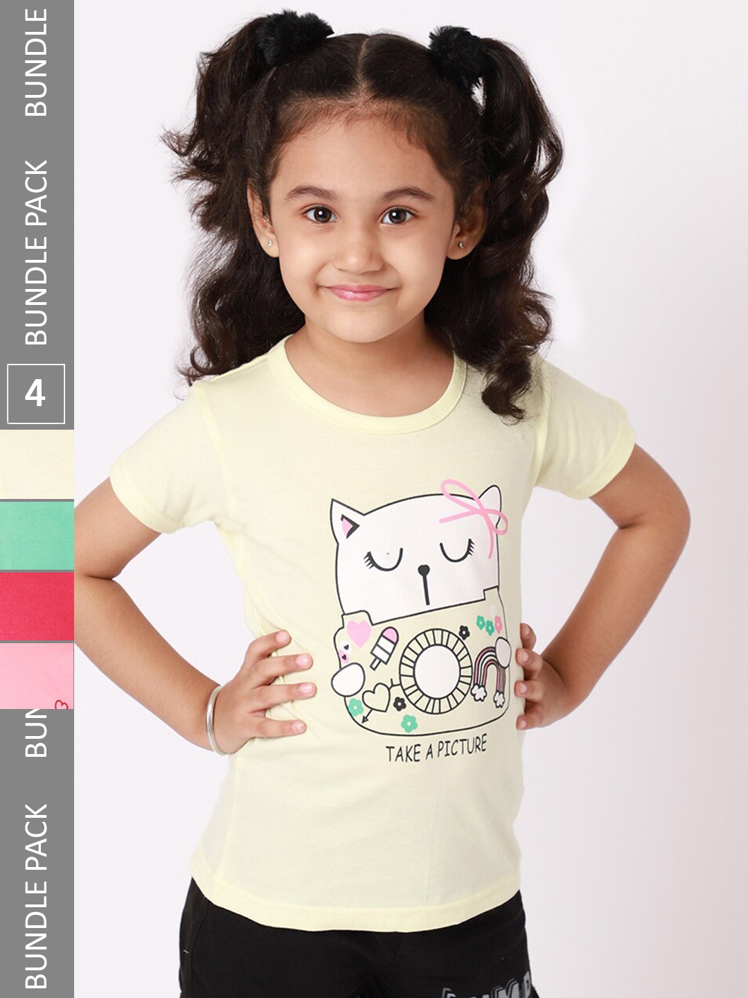 

BAESD Girls Pack Of 4 Printed Cotton Regular Fit T-shirts, Yellow