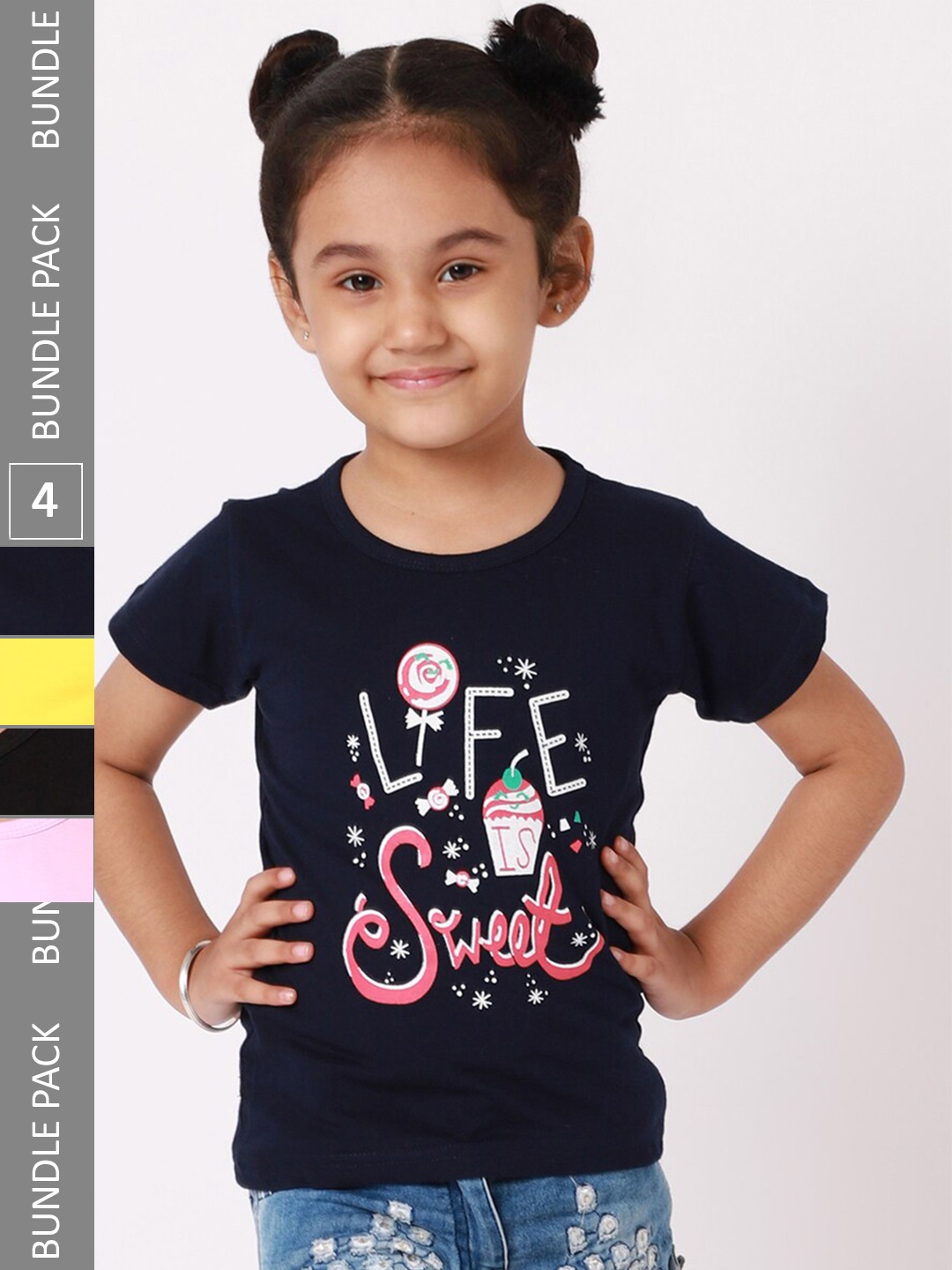 

BAESD Girls Pack Of 4 Printed Cotton T-shirt, Black