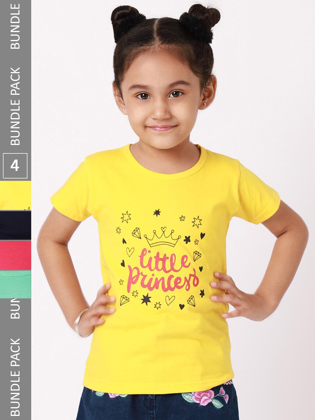 

BAESD Girls Pack Of 4 Typography Printed Round Neck Cotton T-shirt, Yellow