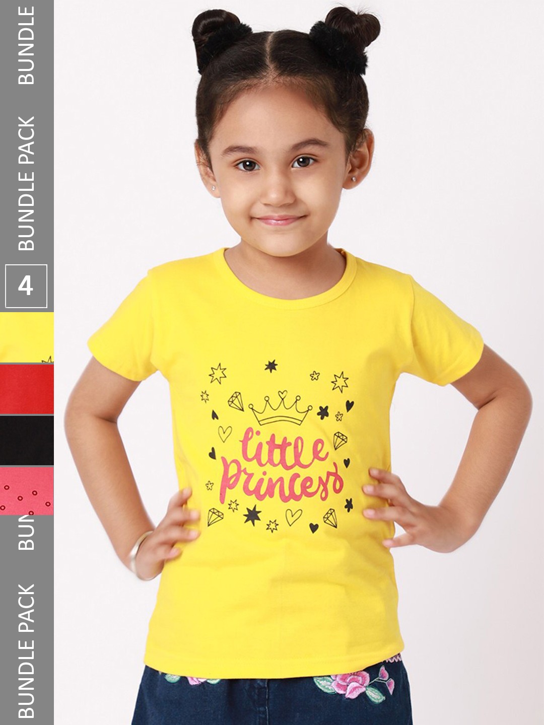 

BAESD Girls Pack Of 4 Graphic Printed Cotton T-shirt, Yellow