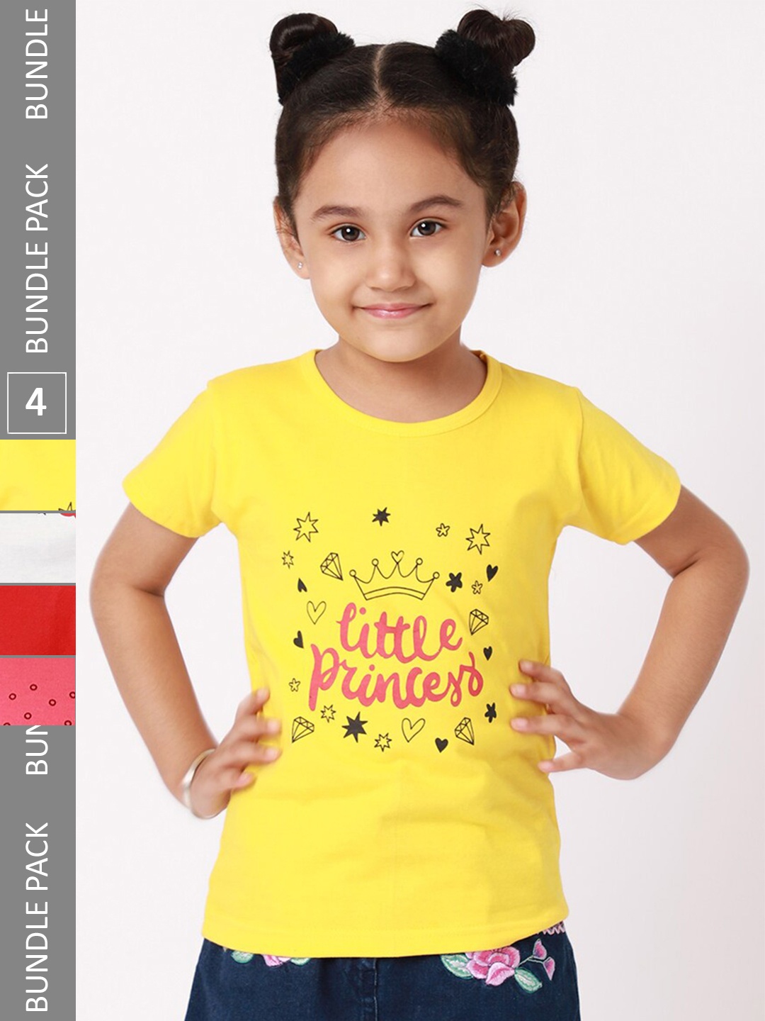 

BAESD Girls Pack Of 4 Typography Printed Cotton T-shirt, Yellow
