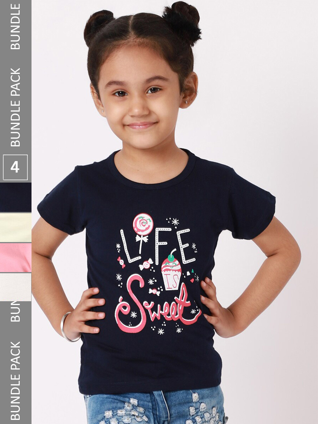 

BAESD Girls Pack Of 4 Typography Printed Cotton T-shirts, Black