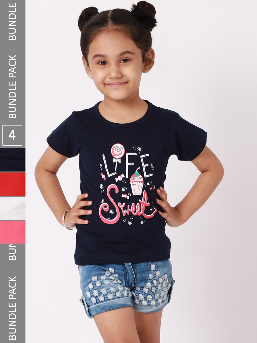 

BAESD Girls Pack Of 4 Typography Printed Cotton T-shirts, Black
