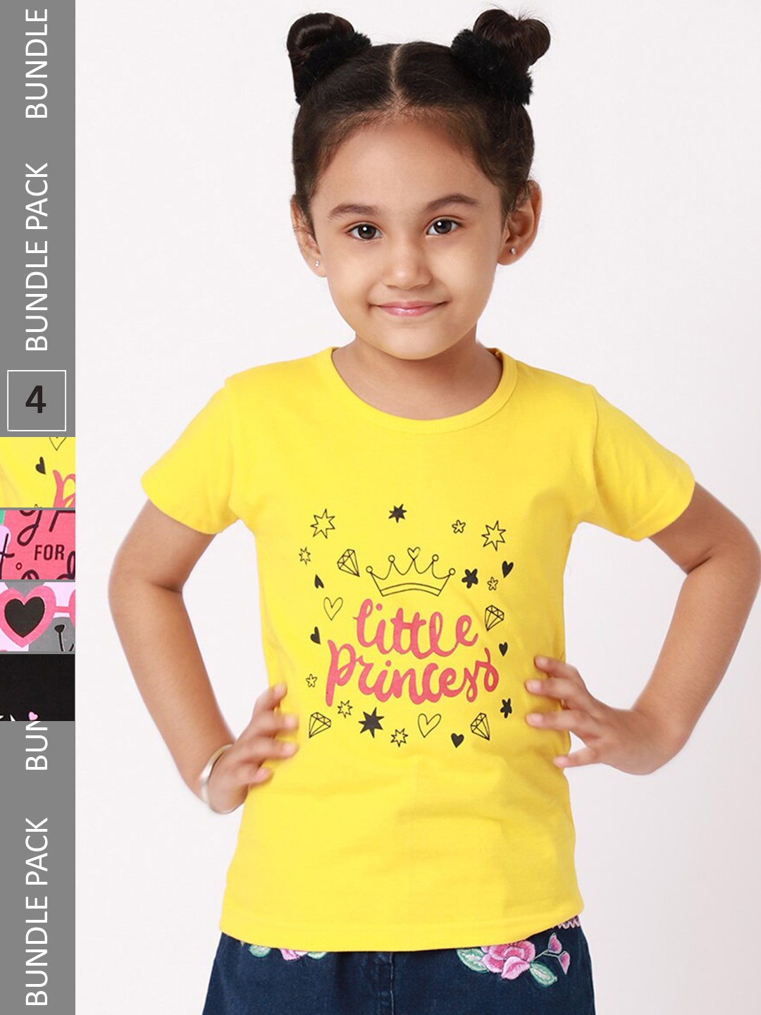 

BAESD Girls Pack Of 4 Typography Printed Cotton T-shirt, Yellow