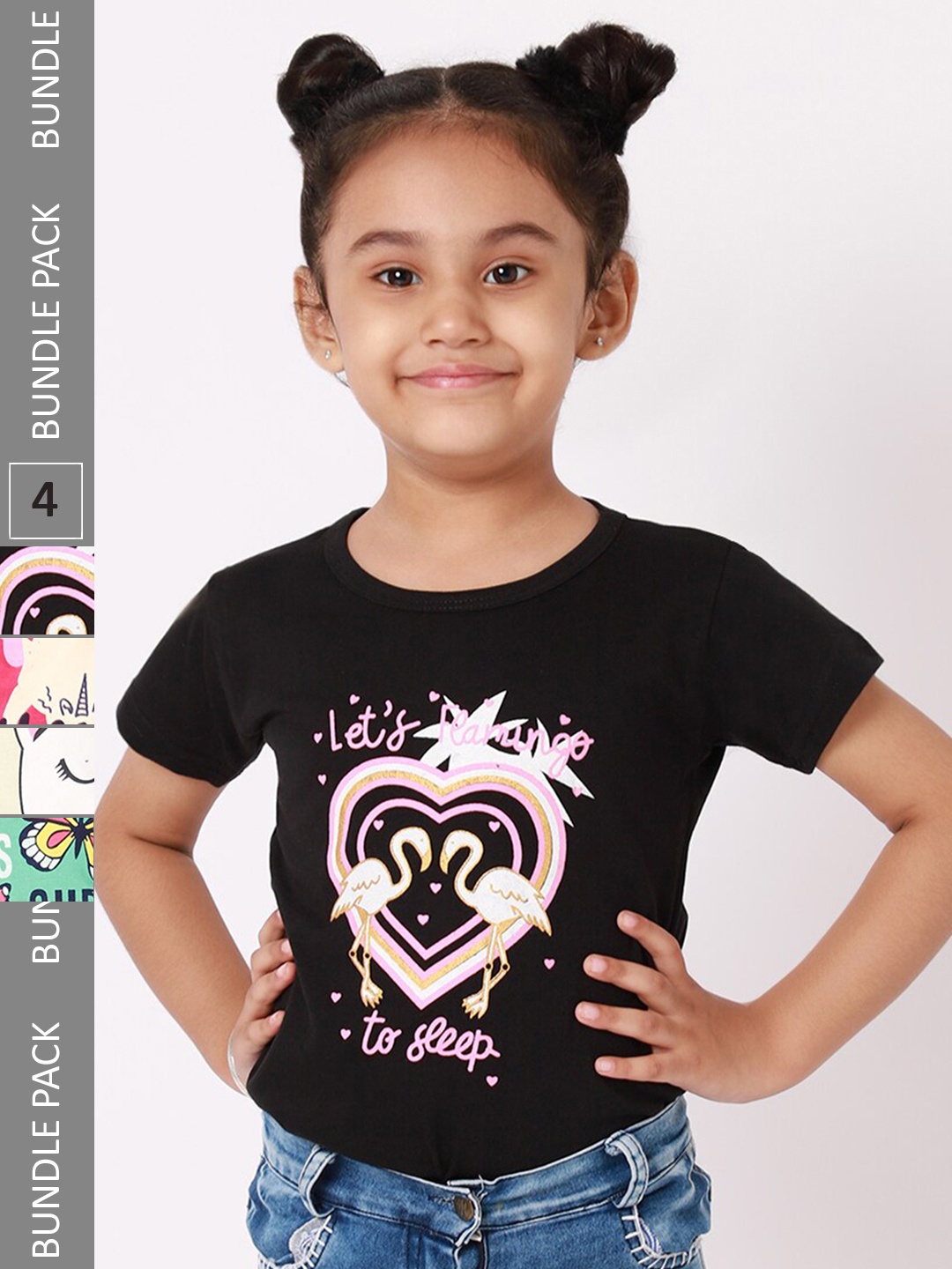 

BAESD Girls Pack Of 4 Conversational Printed Cotton T-shirt, Black