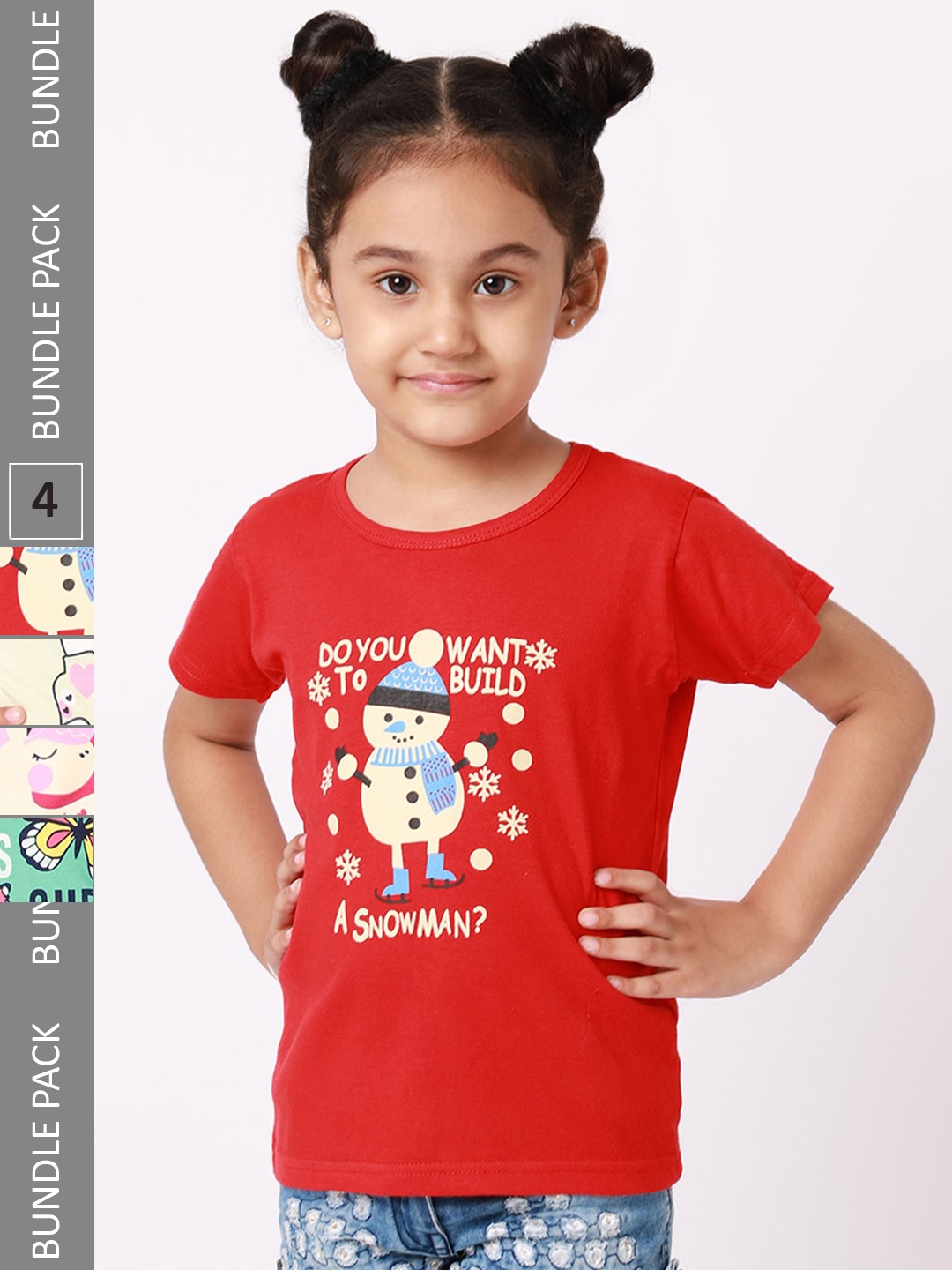 

BAESD Girls Pack Of 4 Printed Pure Cotton T-shirt, Red