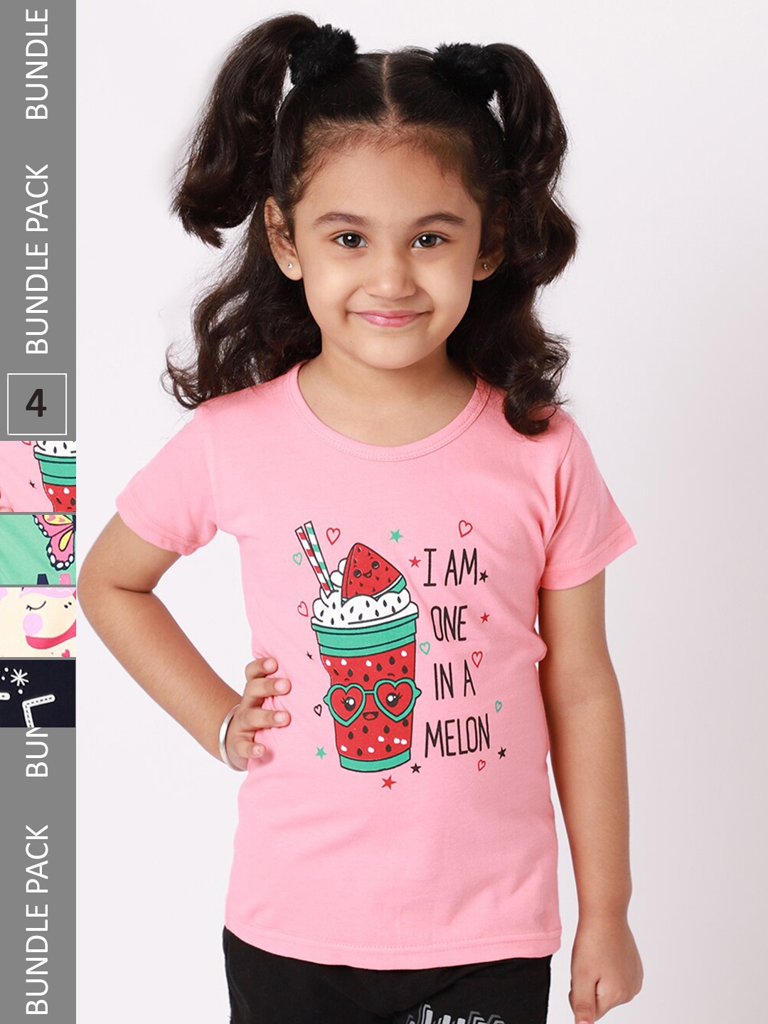 

BAESD Girls Pack Of 4 Typography Printed Cotton T-Shirts, Pink