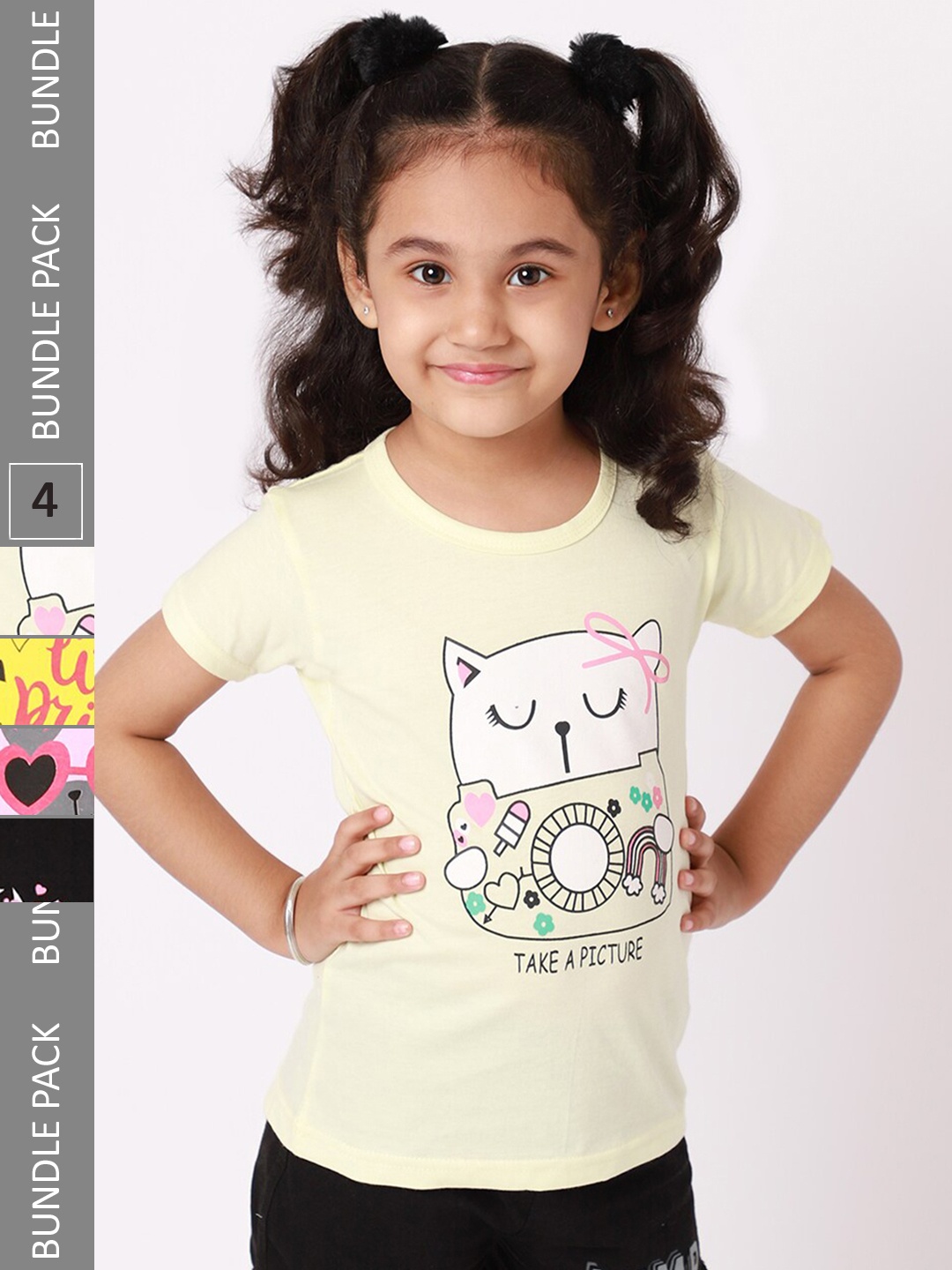 

BAESD Girls Pack Of 4 Graphic Printed Cotton T-shirt, Yellow