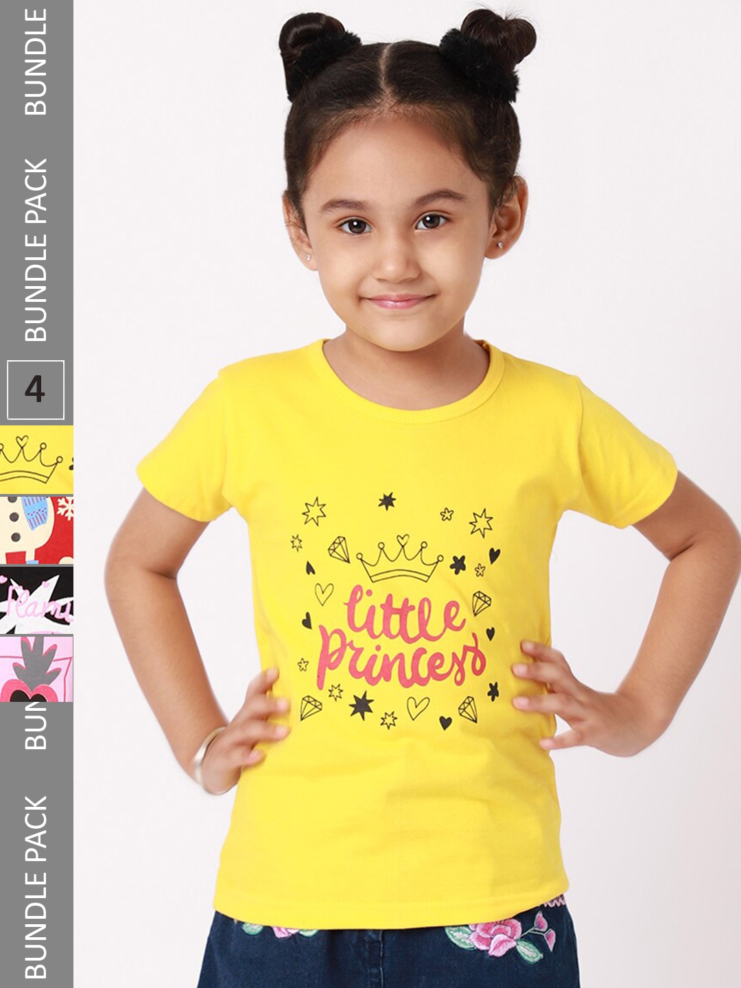 

BAESD Girls Pack Of 4 Typography Printed Cotton T-shirt, Yellow