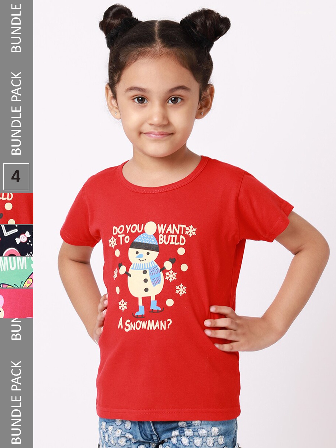 

BAESD Girls Pack Of 4 Graphic Printed Cotton T-Shirt, Red