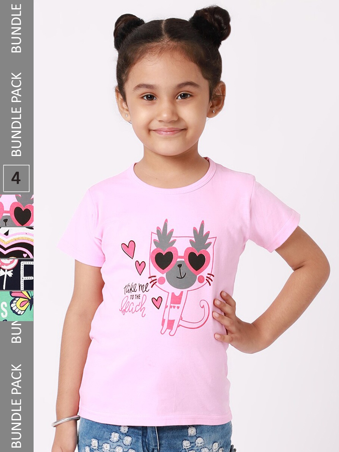 

BAESD Girls Pack Of 4 Printed Cotton T-shirt, Pink