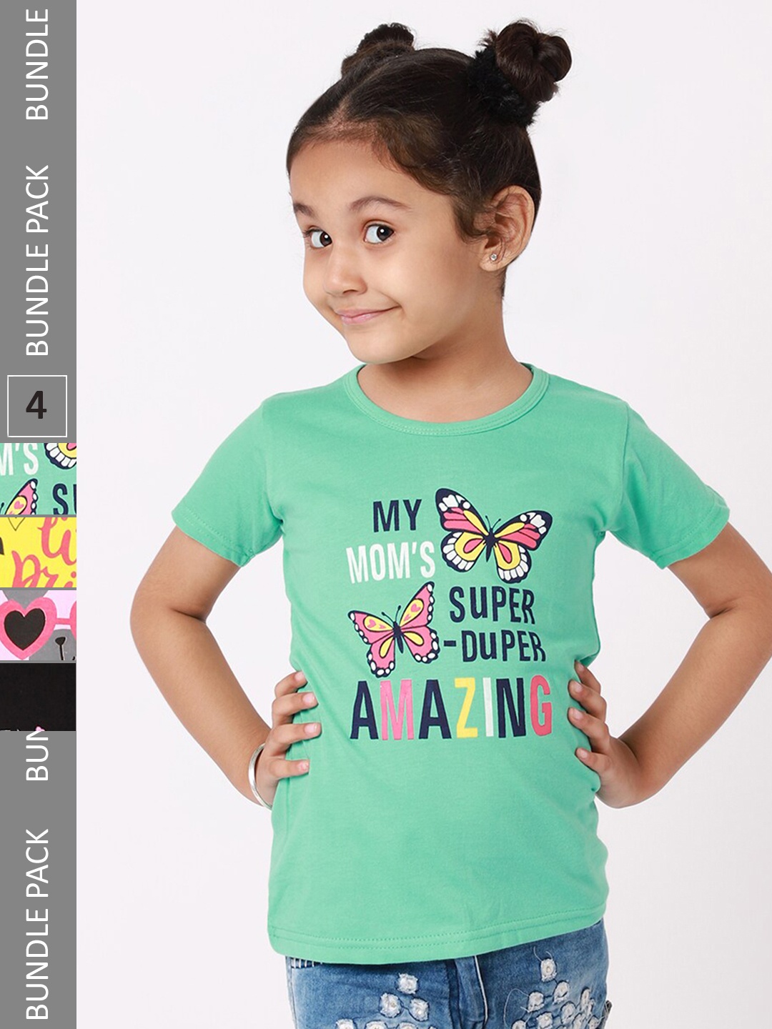 

BAESD Pack Of 4 Girls Typography Printed Cotton Casual T Shirts, Green